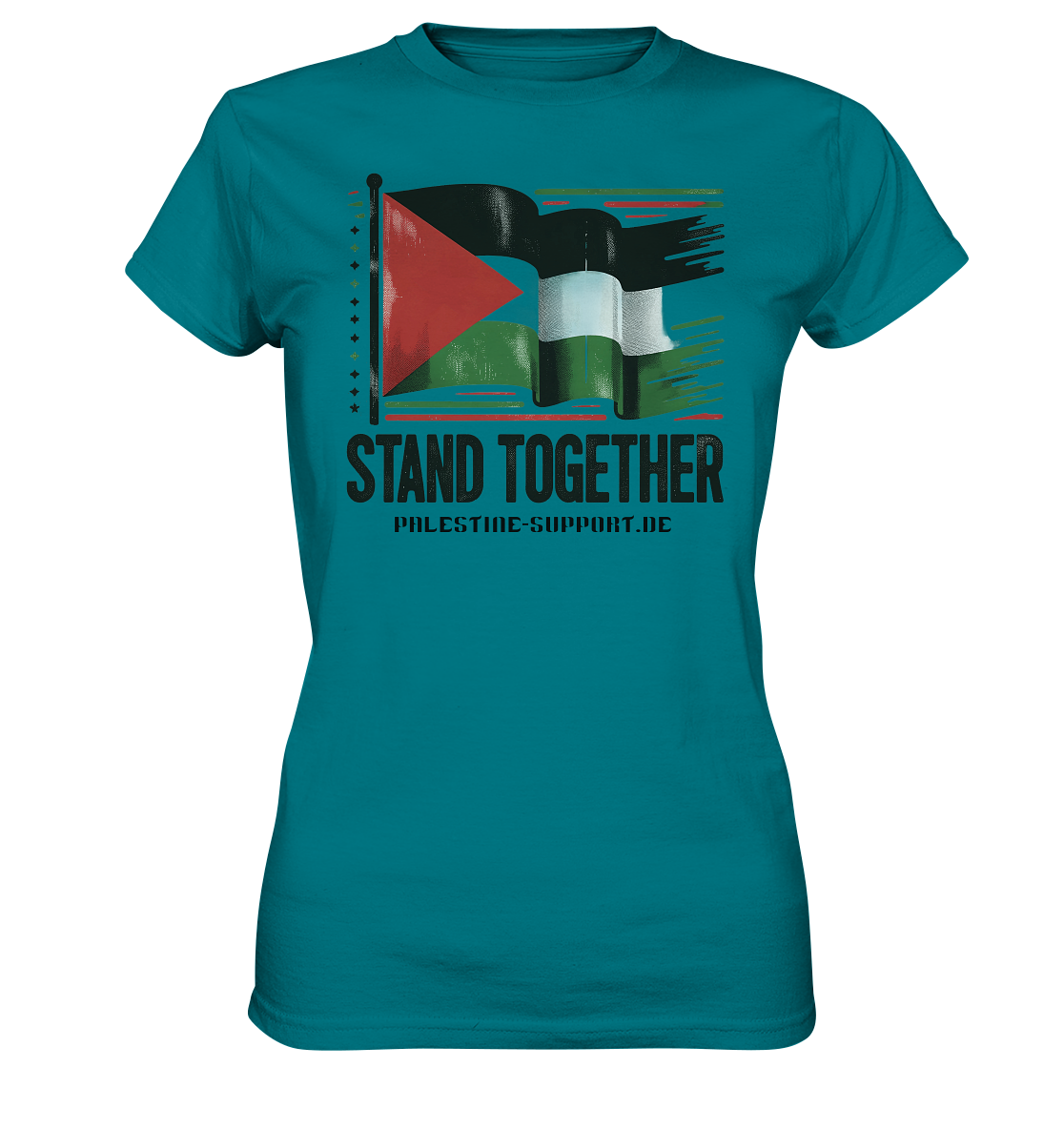 Damen shirt mit Stand Together Palestine-support Schriftzug in Diva Blue