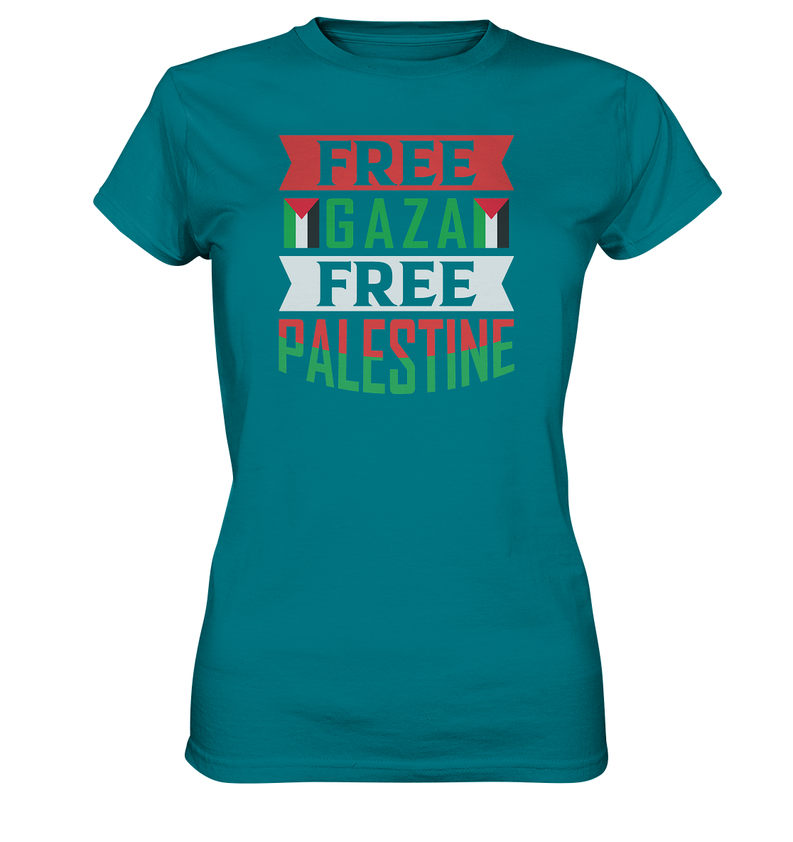 Damen Tshirt in Free Gaza und Free Palestine Schriftzug in diva blue