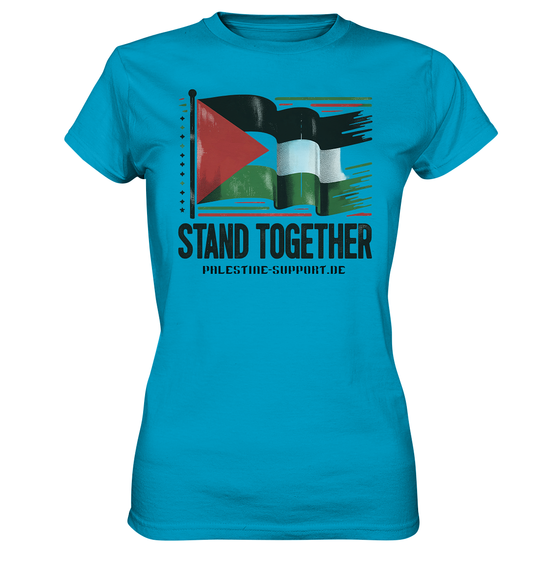 Damen sport Tshirt mit Stand Together Palestine-support Schriftzug in Swimming Pool