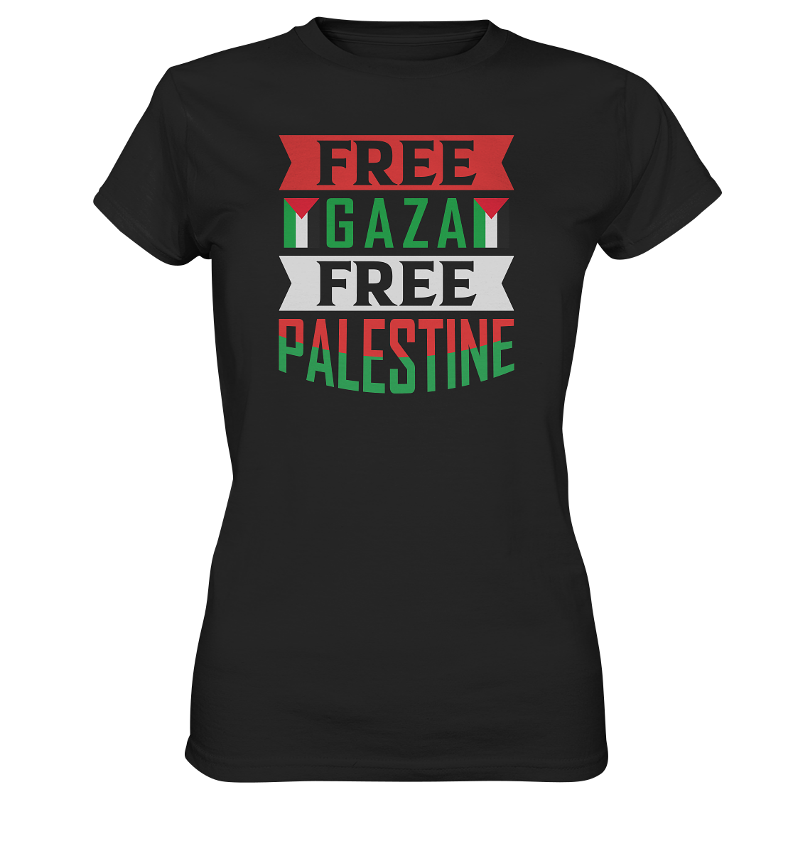 Damen Tshirt in Free Gaza und Free Palestine Schriftzug in Schwarz