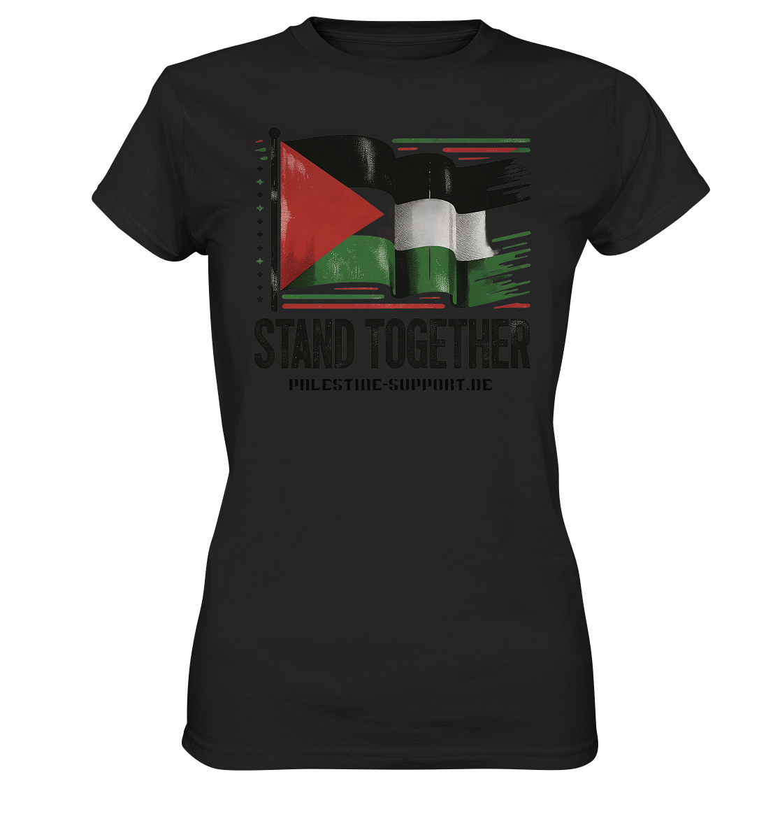 Damen Tshirt mit Stand Together Palestine-support Schriftzug in Black