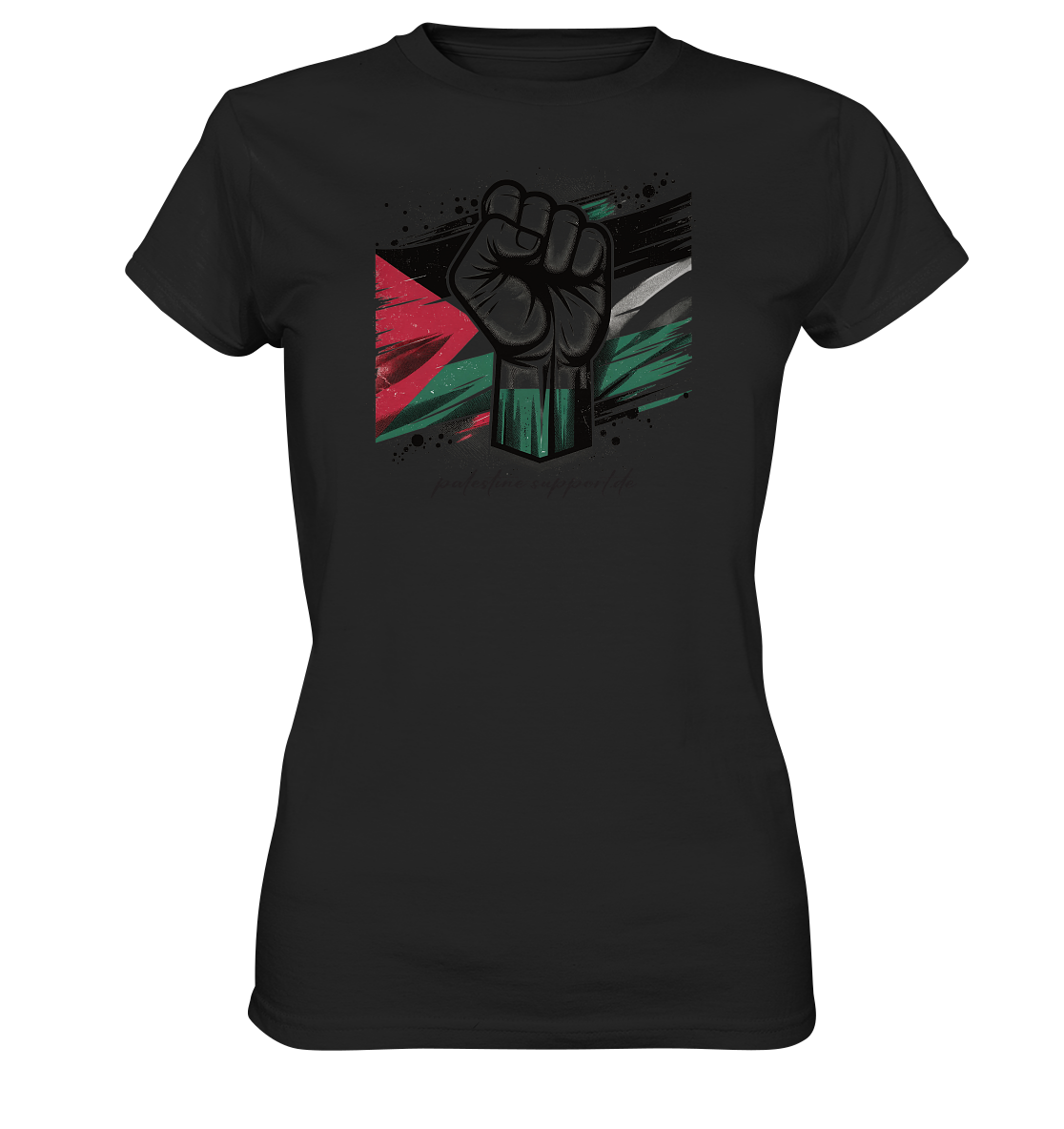Damen Tshirt mit Free Gaza Widerstand mit Palästina Fahnen Symbolik in Black