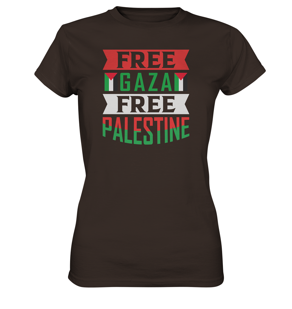 Damen Tshirt in Free Gaza und Free Palestine Schriftzug in brown