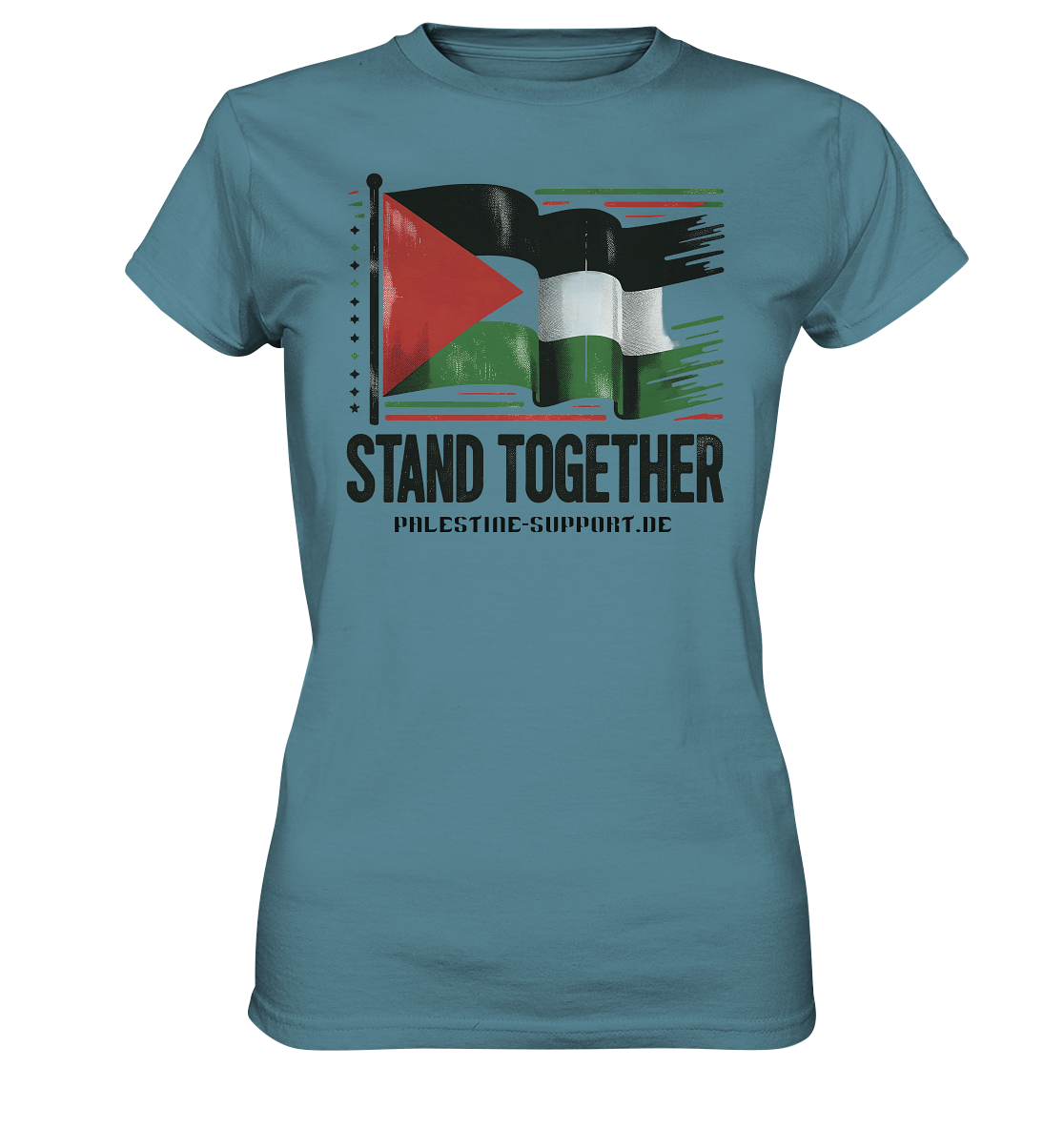 Damen Tshirt mit Stand Together Schriftzug und 3D Palestine Flaggen Design in Stone Blue
