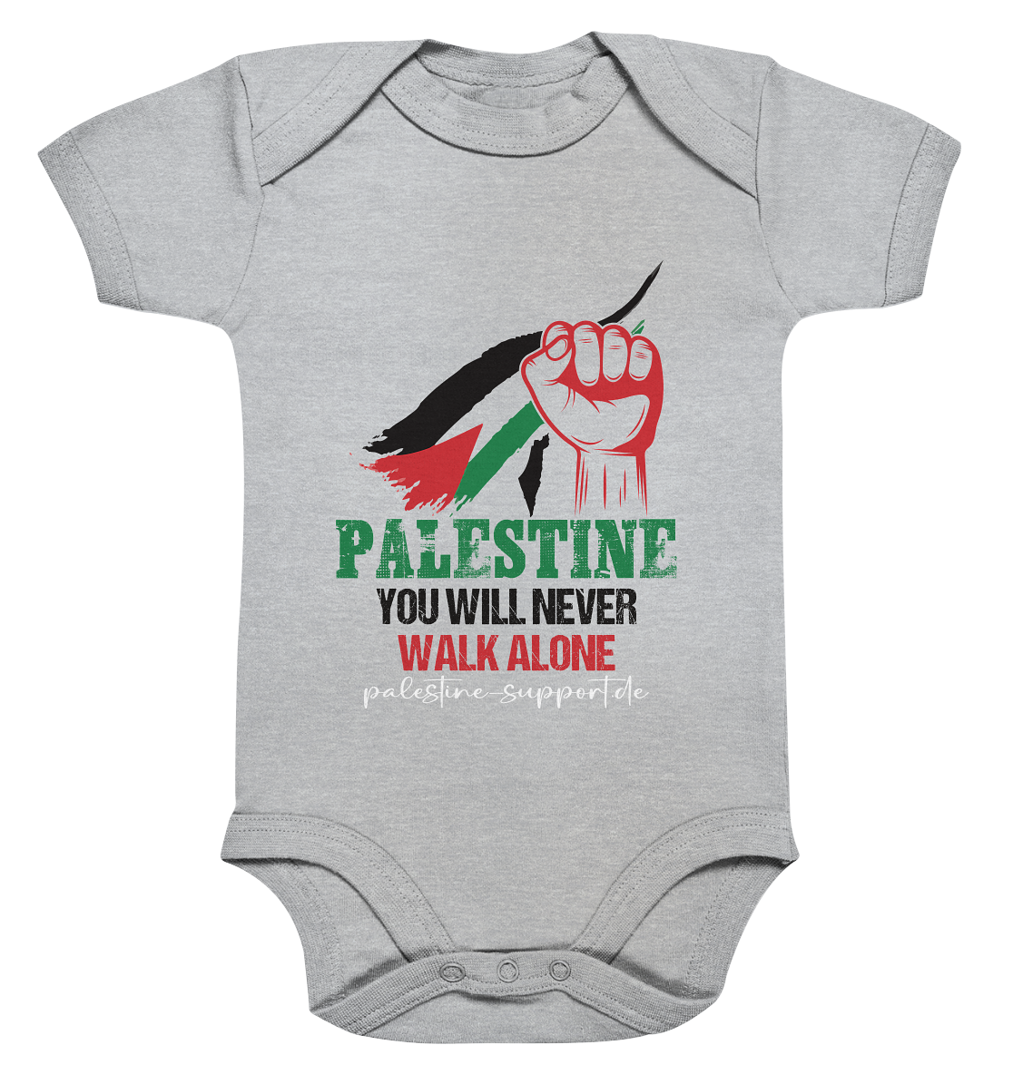 Baby-Body mit Palästina-Faust und Flagge – You Will Never Walk Alone Design auf Heather Grey