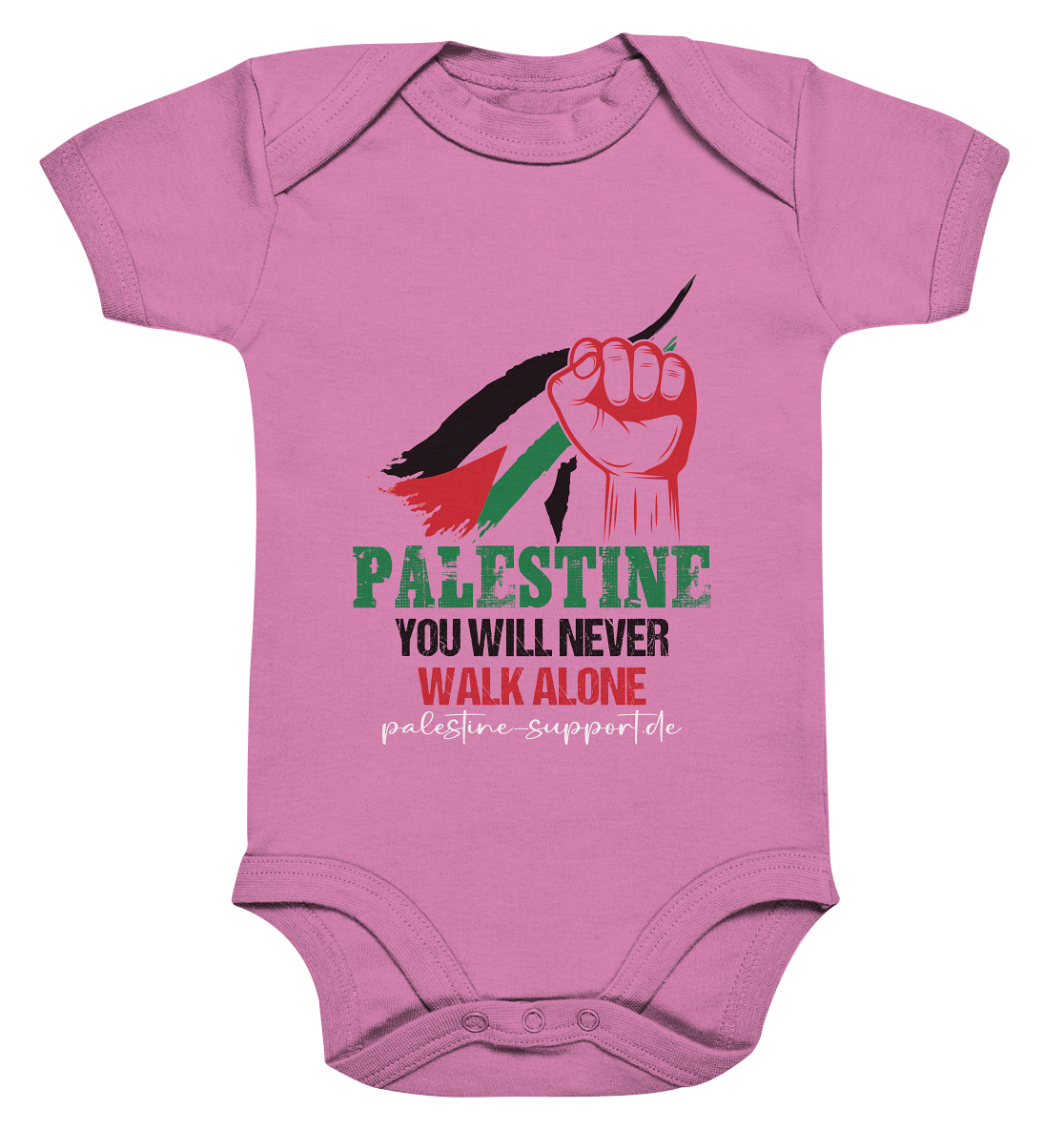 Baby Einteiler mit Widerstandsmotiv – Palästina-Farben, Fäuste & Hoffnung in Bubble Gum Pink