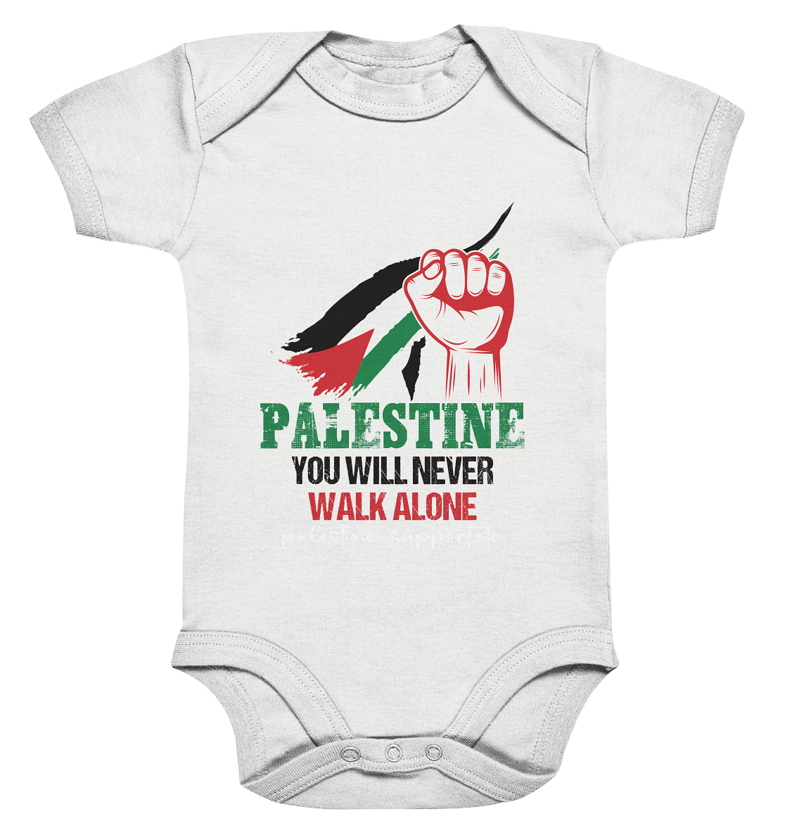 Palästina Baby-Body – Symbolische Faust mit Flagge und Schriftzug für Unterstützung in Weiß