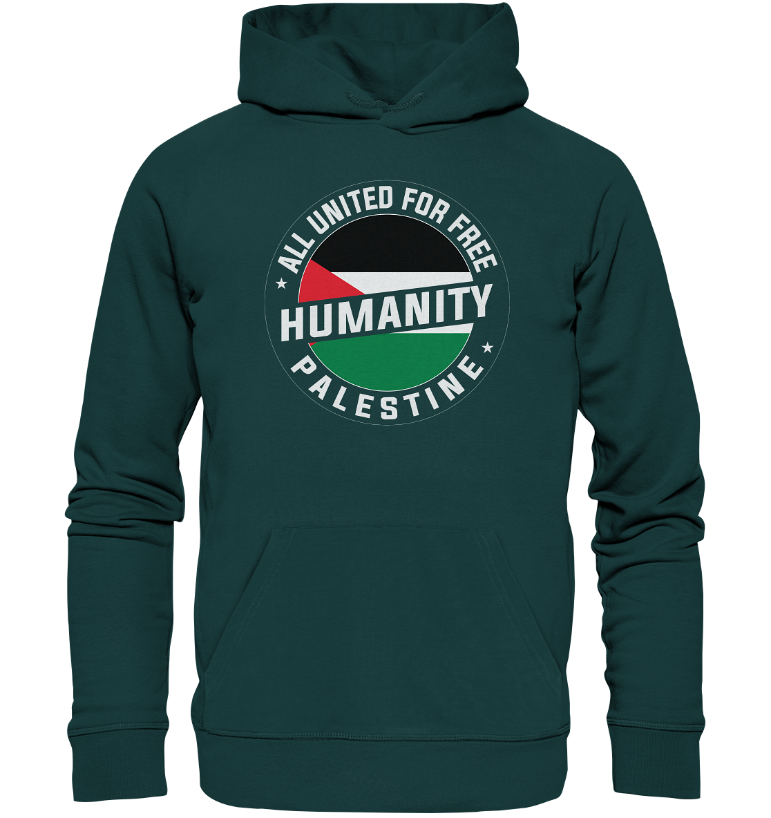 Humanity Palestine Hoodie in Glazed Green – Unisex Pullover mit Palästina-Flaggen Siegel-Style und Support Aufdruck