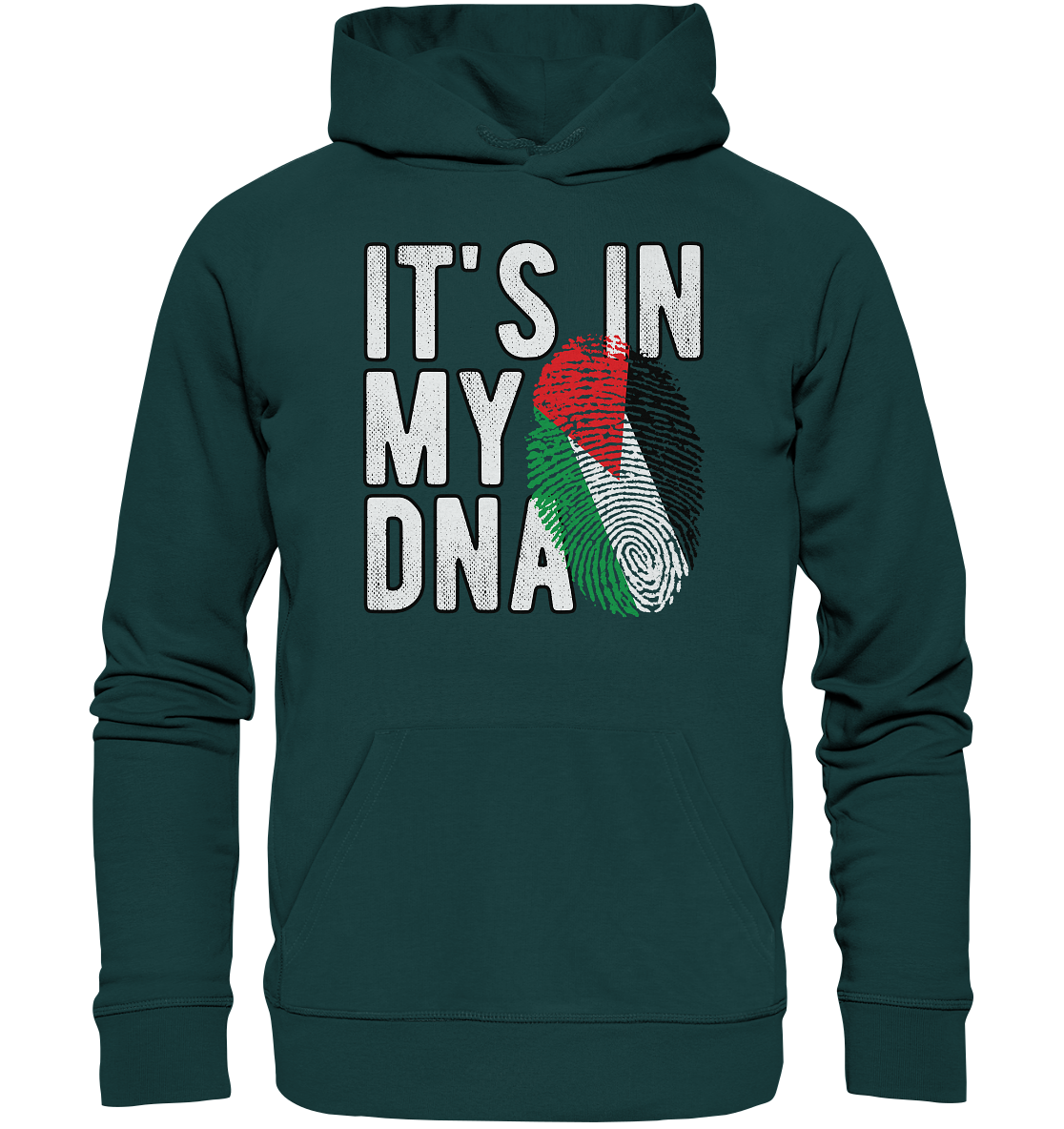 Einzigartiger Kapuzen Pullover: Trage Deine Herkunft mit Stolz – mit Palästina-Farben und starkem Statement ‚It's in my DNA in Glazed Green