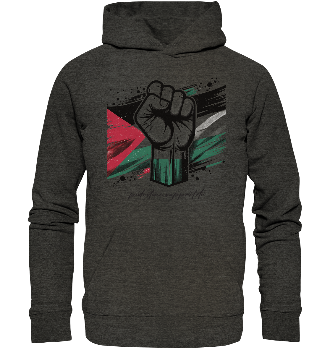 Streetwear Hoodie mit free Gaza Widerstand und Flaggen Symbol in Dark Heather Grey
