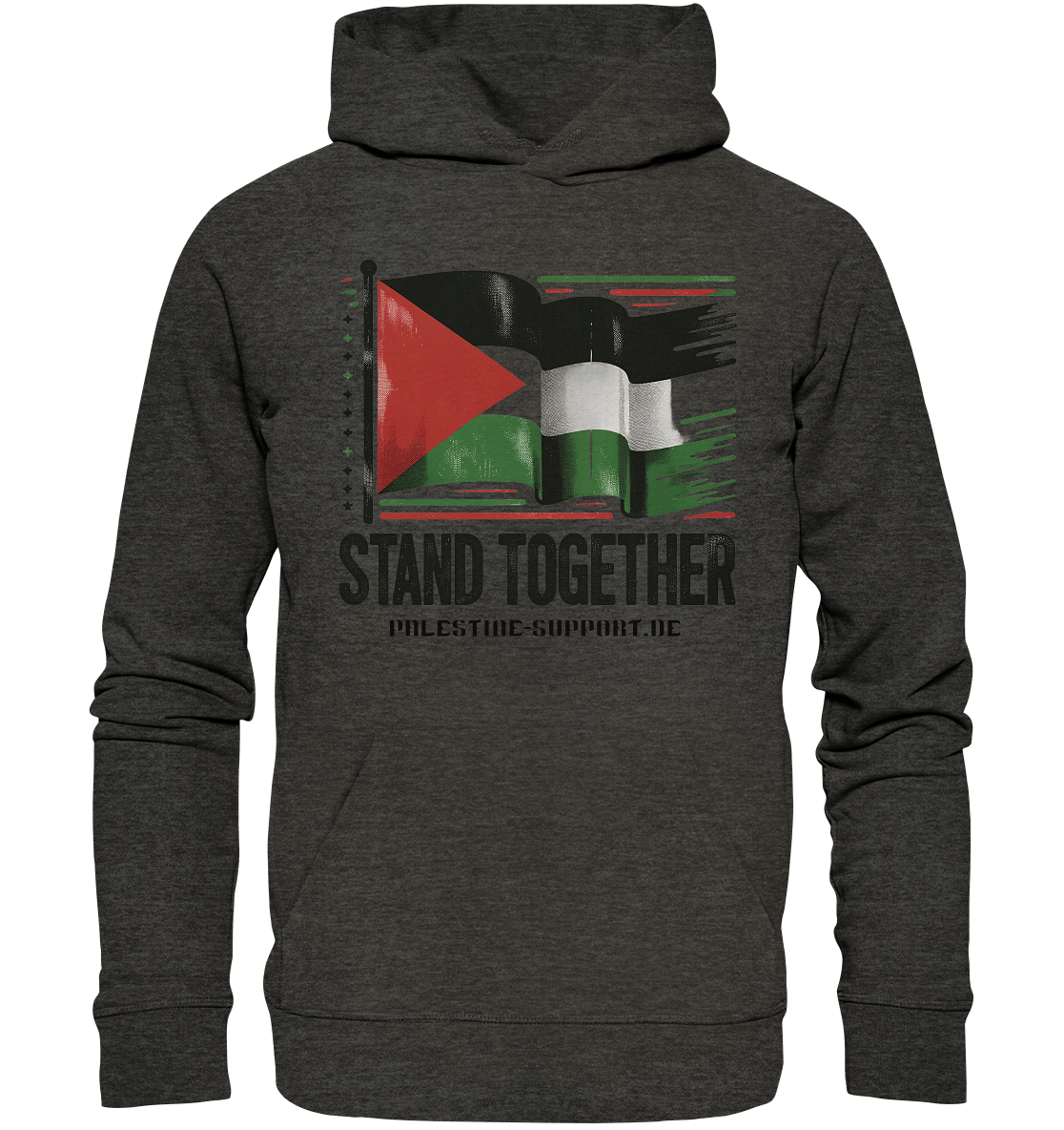 Herren sport Hoodie mit Stand Together Schriftzug und Palestine Fahne in Dark Heather Grey