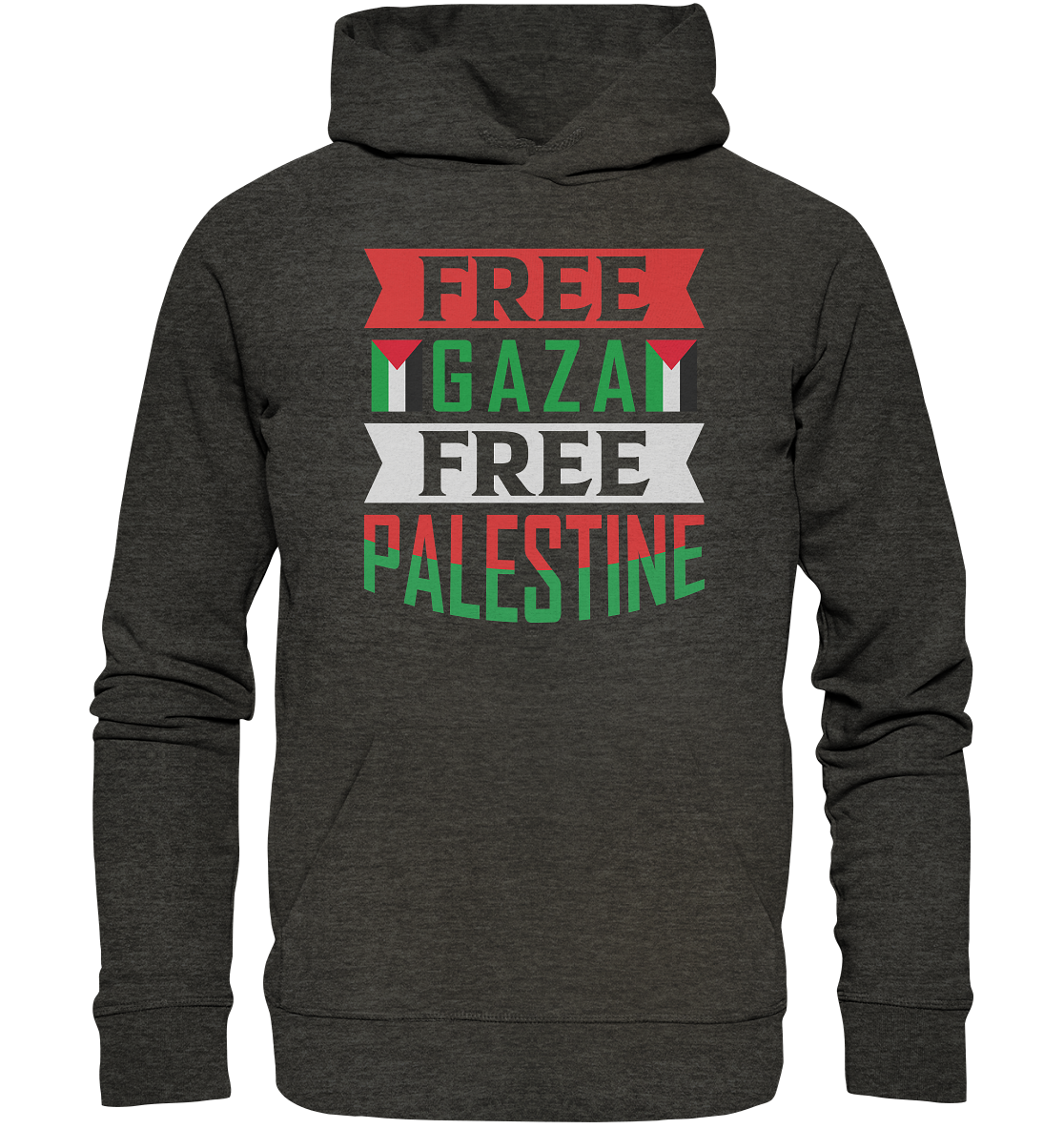 Unisex Hoodie mit Palestine und Gaza Beschriftung in Dark Heather Grey