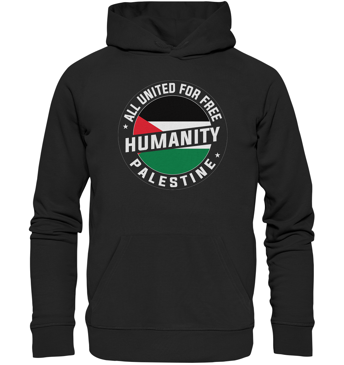 Schwarzer Unisex Hoodie mit Palästina-Flagge und Free Humanity Palestine Schriftzug