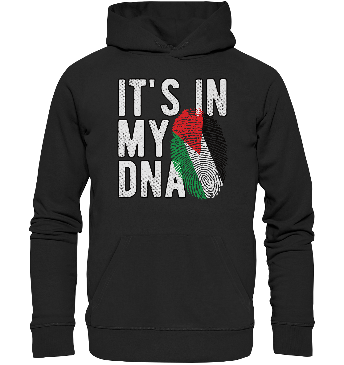 Schwarzes Hoodie mit dem Aufdruck ‚It's in my DNA‘ und Fingerabdruck in den Farben der palästinensischen Flagge.