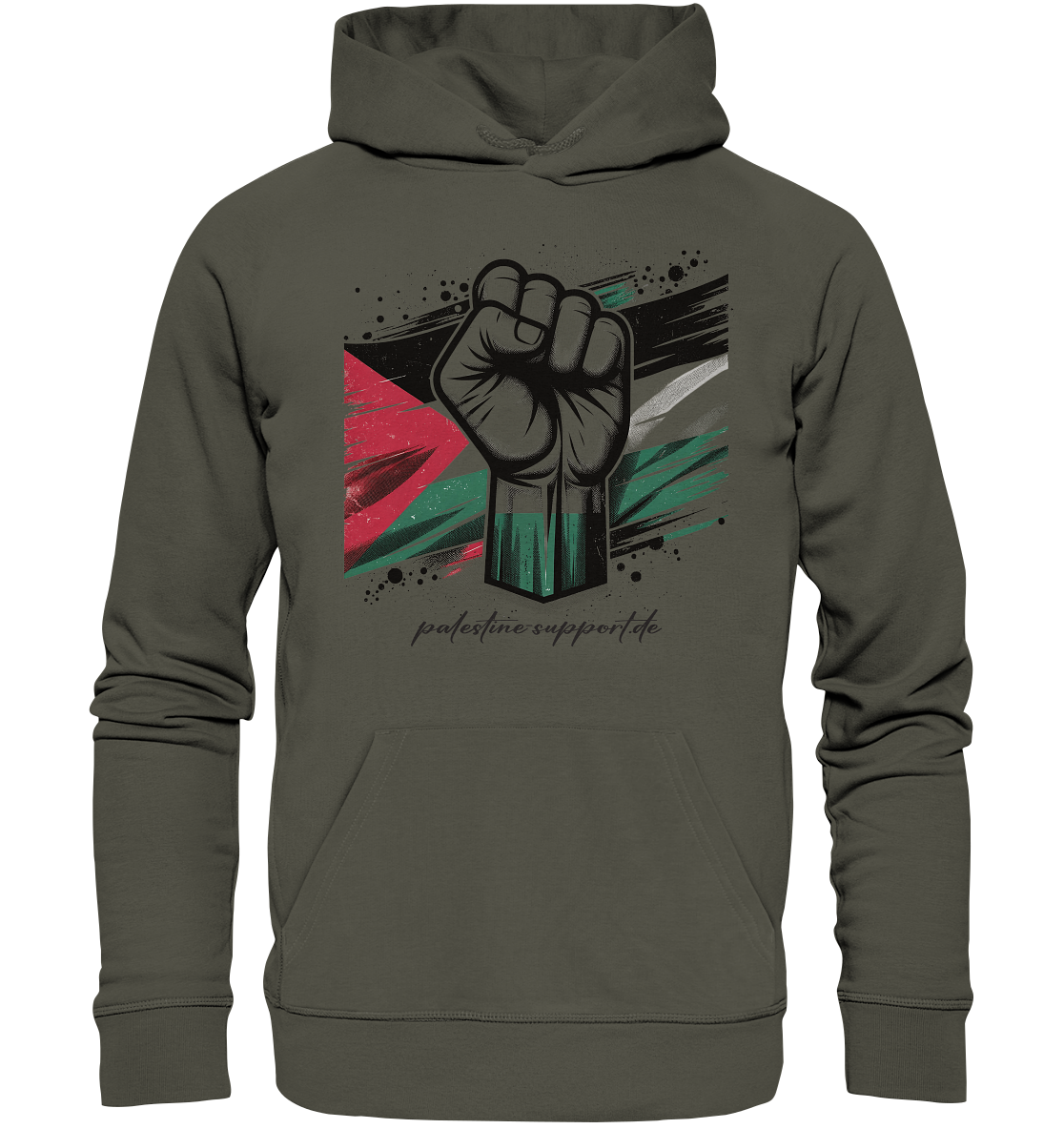 Streetwear Hoodie mit free Palestine Widerstand und Flaggen Symbol in Khaki