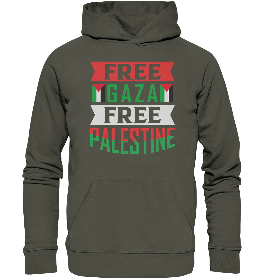 Unisex trainings Hoodie mit Palestine und Gaza Beschriftung in Khaki