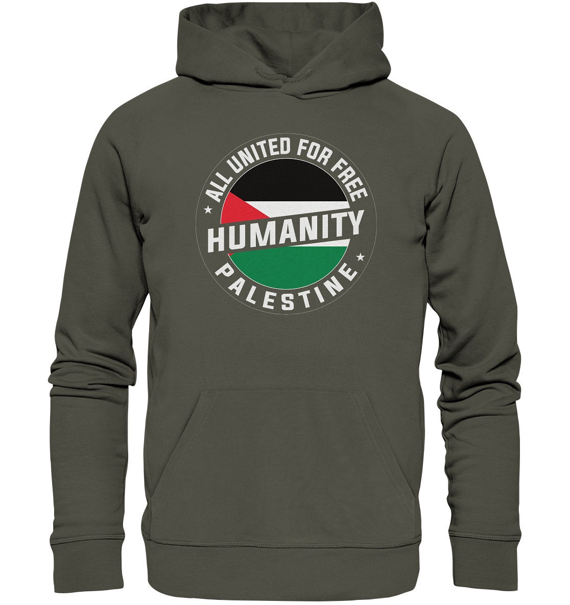 Free Palestine Hoodie in Khaki – Unisex Kapuzen Pullover mit Palästina-Flagge in Siegelform und All United for Free Humanity Palestine Schriftzug
