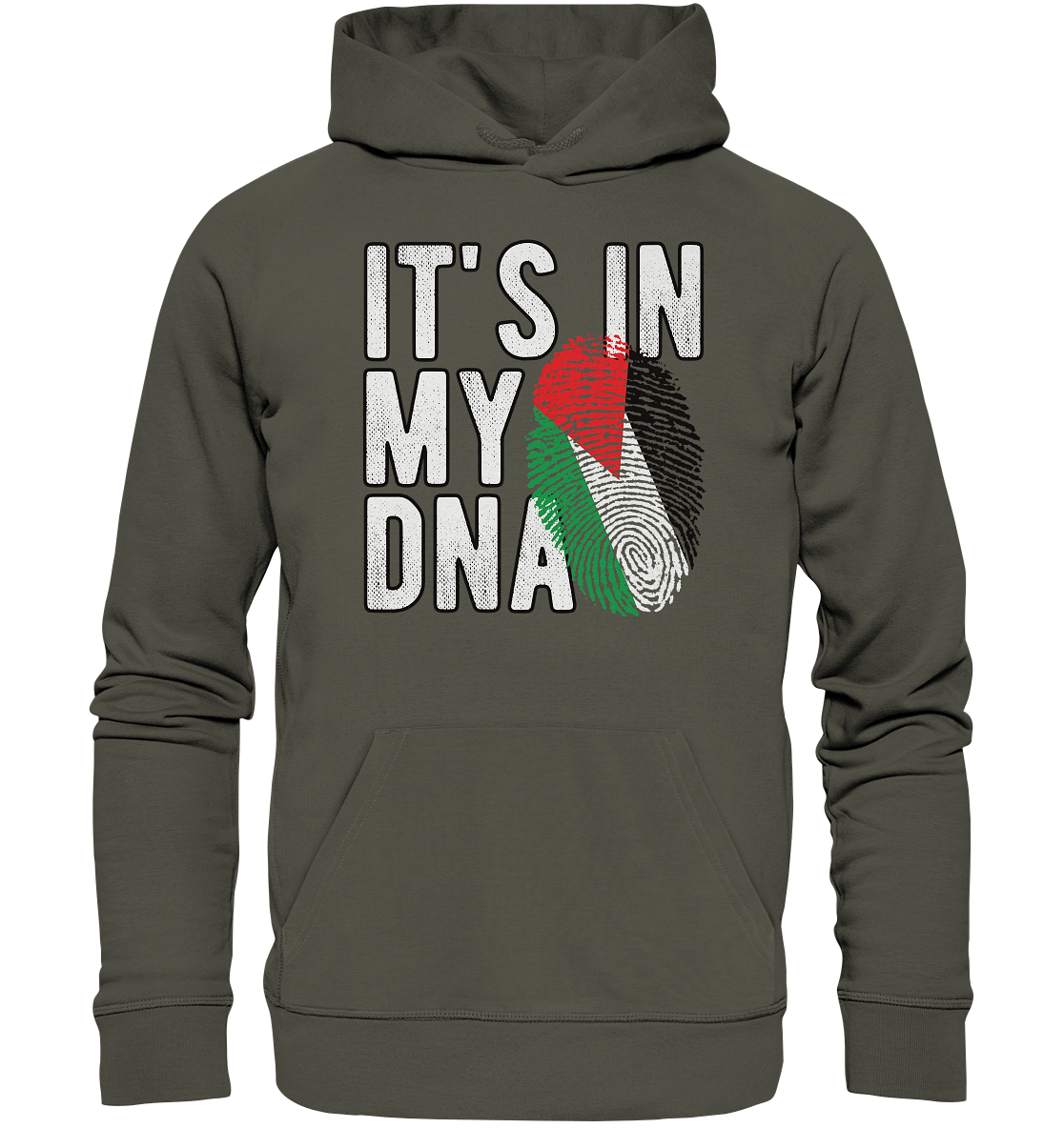 Unisex Hoodie mit palästinensischem Fingerabdruck und der Botschaft ‚It's in my DNA‘ – ein Statement für Identität und Zusammenhalt in Khaki