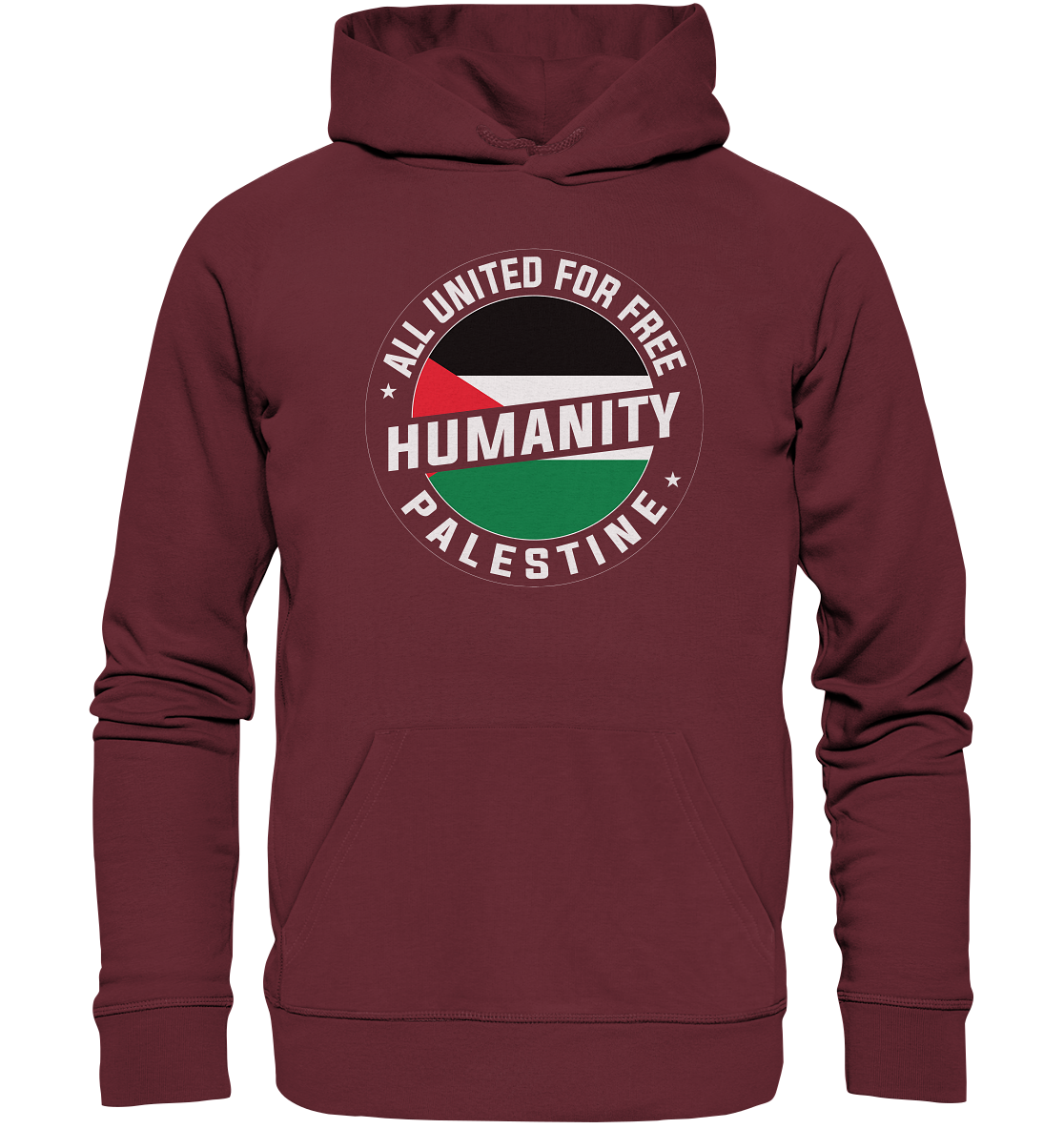 Elegante Humanity Palestine Hoodie in Burgundy mit All United Free Palestine Schriftzug und Palästina Fahne in Siegelform.