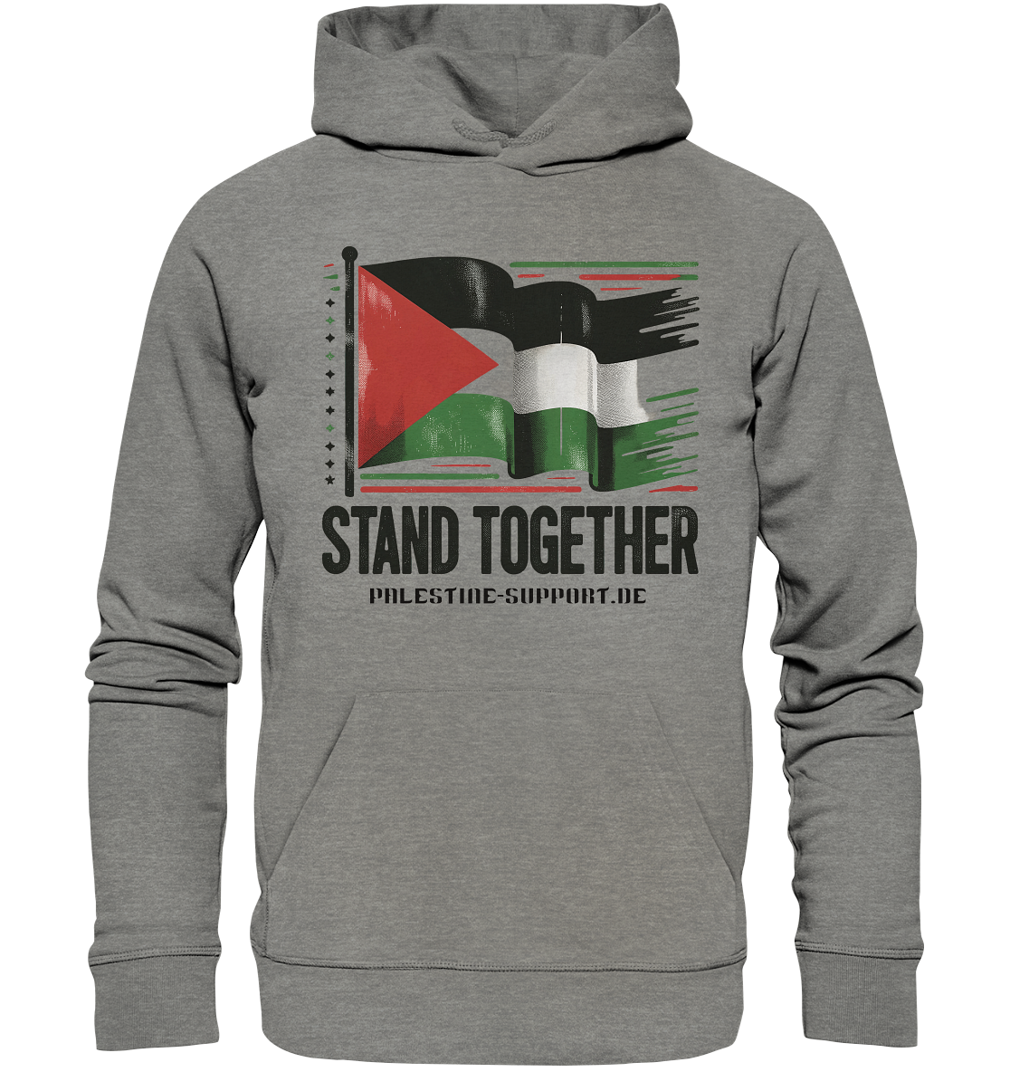 Herren sport Hoodie mit Stand Together Schriftzug und Palestine Fahne in Mid Heather Grey