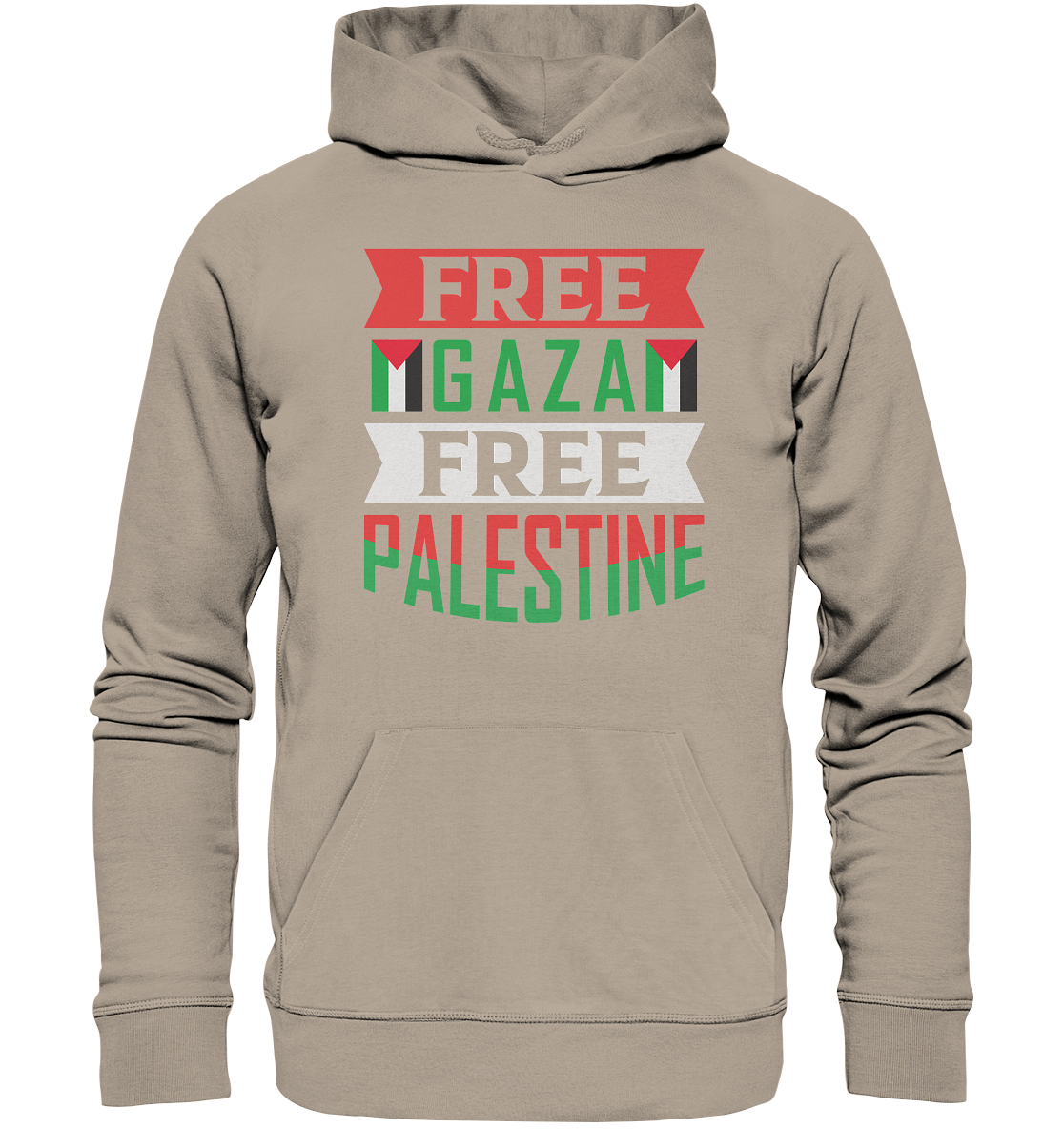 Unisex Hoodie mit Palestine und Gaza Beschriftung in desert dust