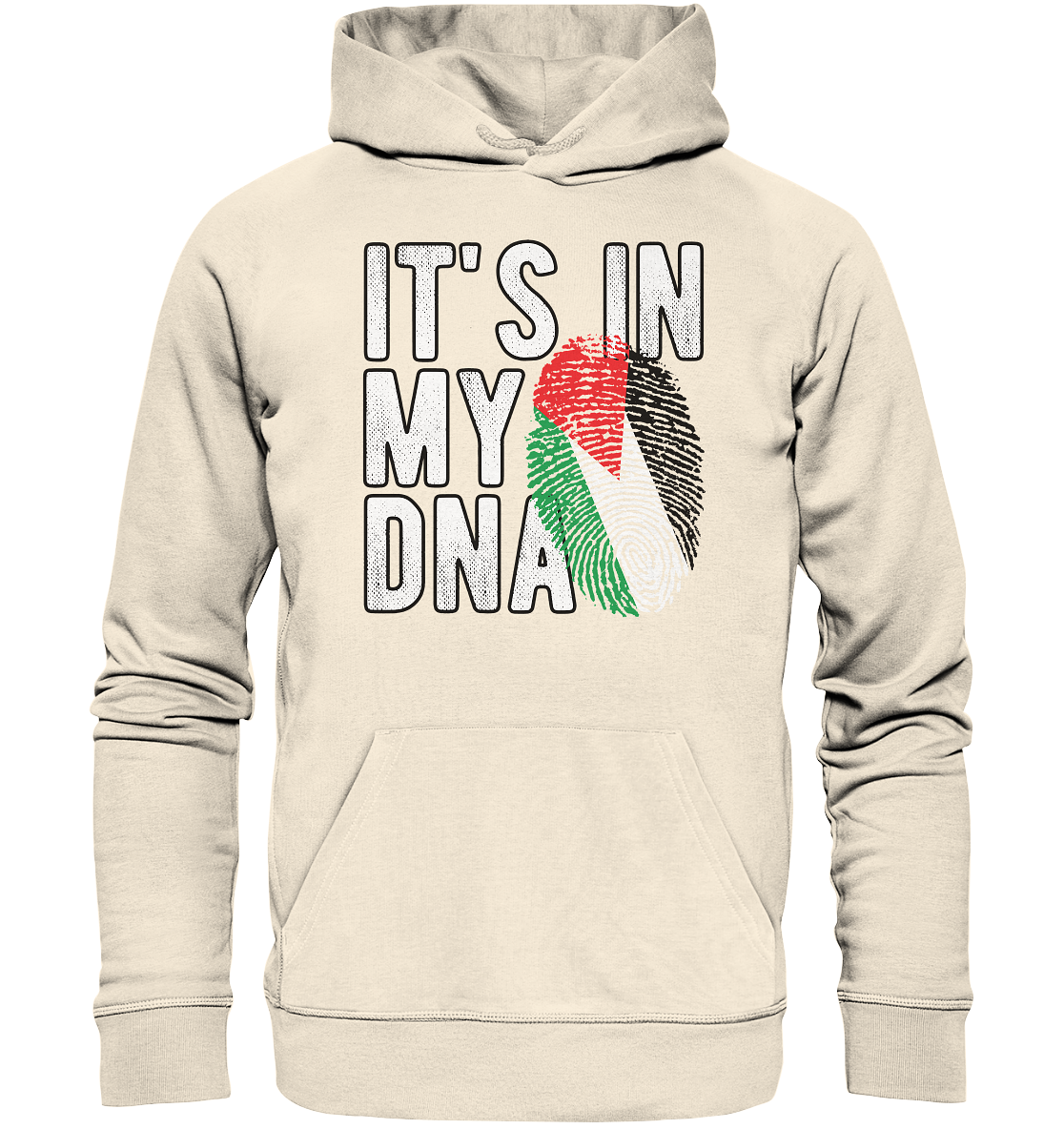 Statement-Kapuzen Pullover in Grau mit dem Text ‚It's in my DNA‘ und einem Fingerabdruck in Rot, Weiß, Schwarz und Grün als Symbol für die palästinensische Herkunft in Natural Raw