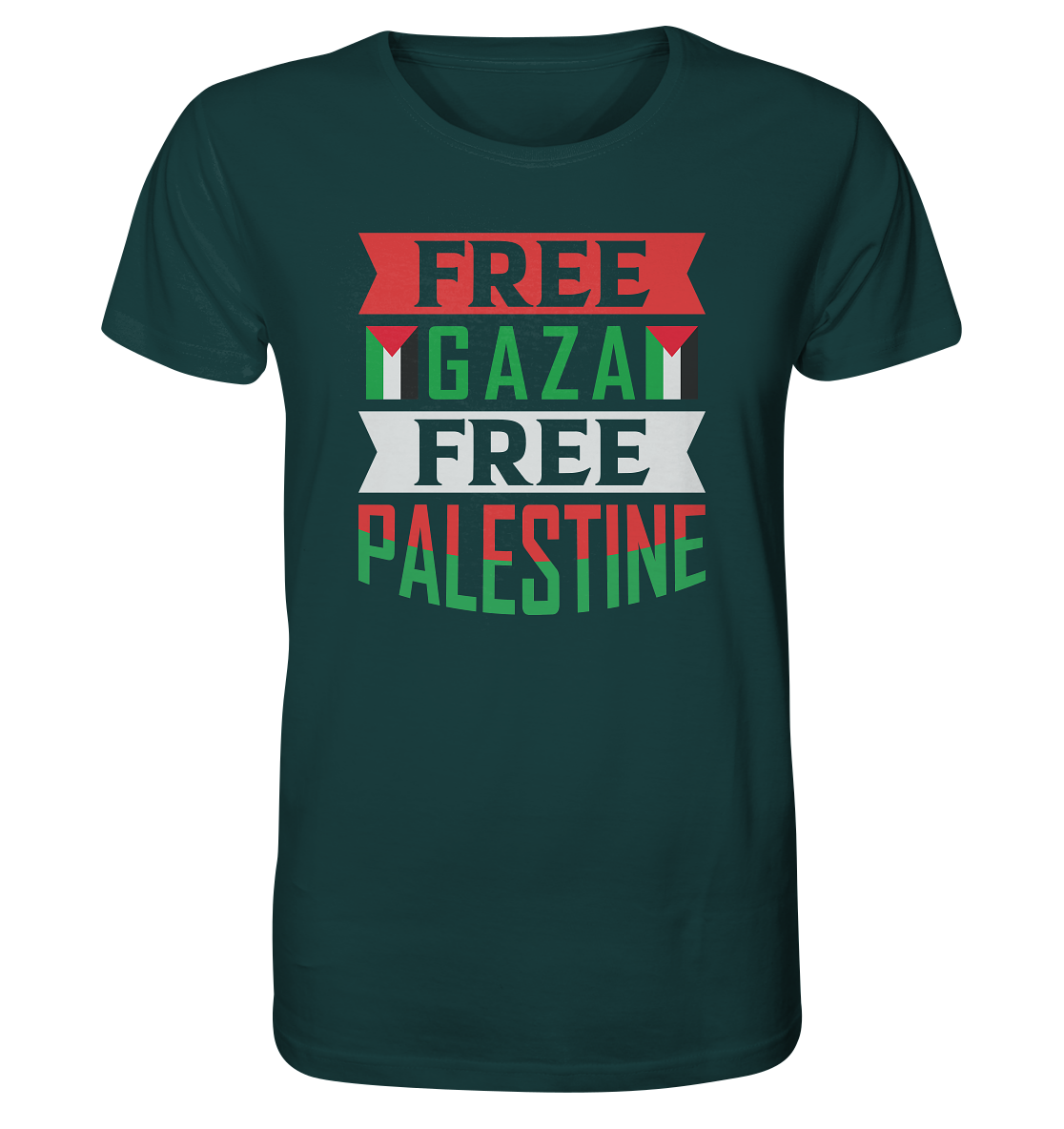 Herren sport Tshirt in Free Gaza und Free Palestine Schriftzug in Glazed Green