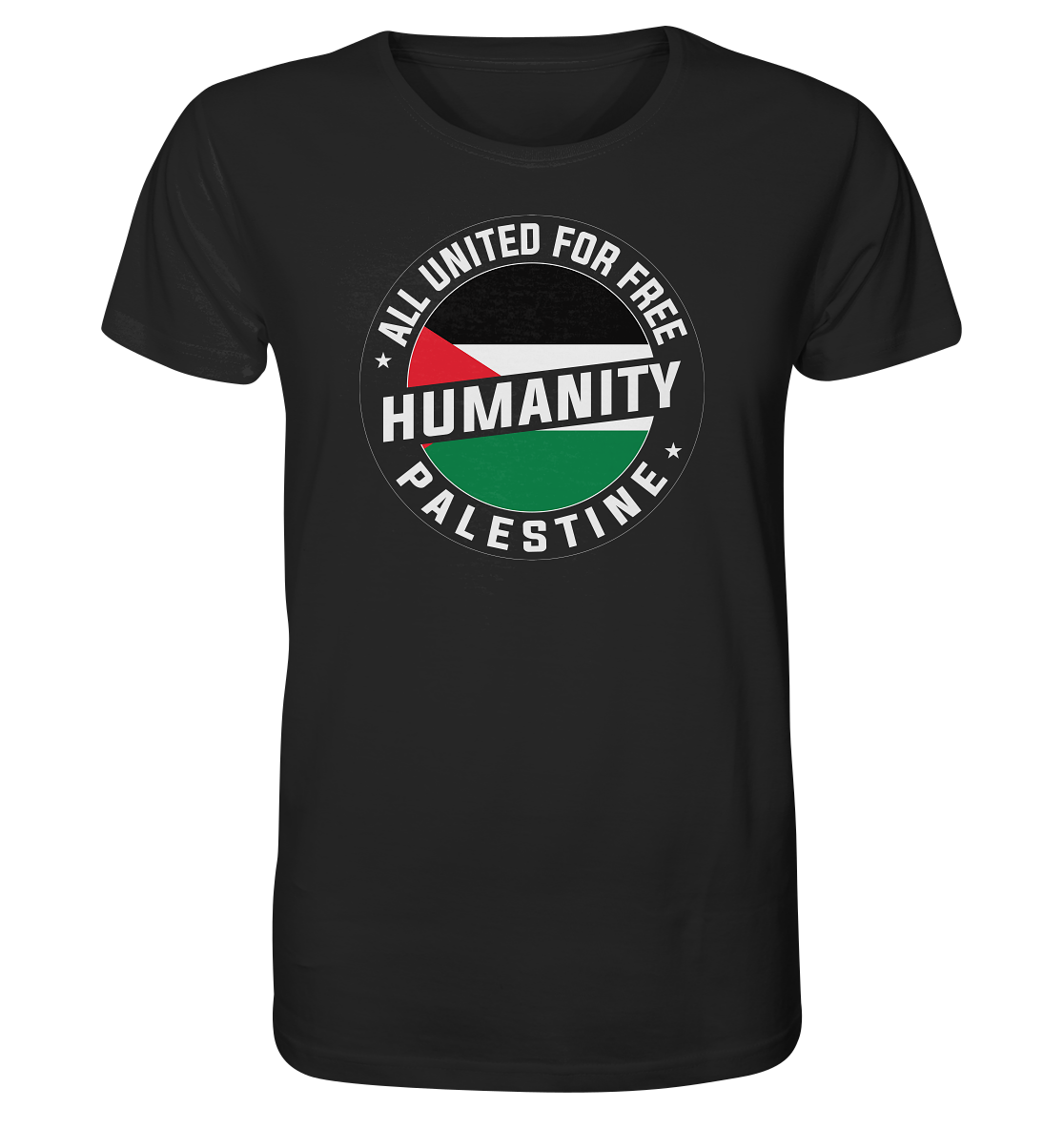 Schwarzes Herren T-Shirt mit Palästina Flaggen Design in Siegelform mit Humanity free Palestine Schriftzug