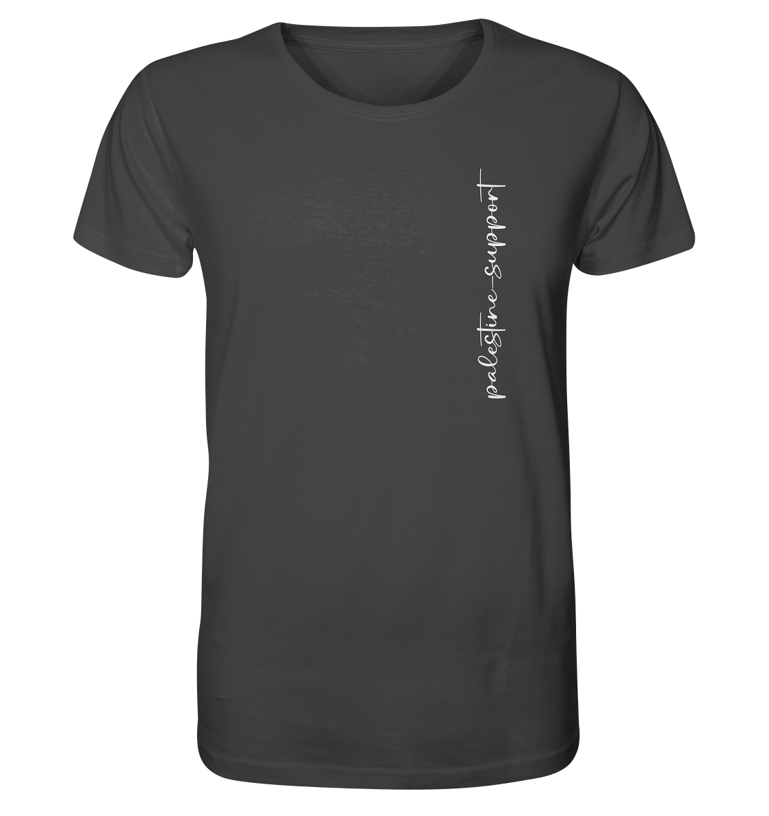 T-Shirt mit Schriftzug "Palestine-Support". Auf der Rückseite mit politischer Botschaft: Rundes Rückenlogo mit palästinensischer Flagge, Power-Faust und stilvollem Sternenkranz.
