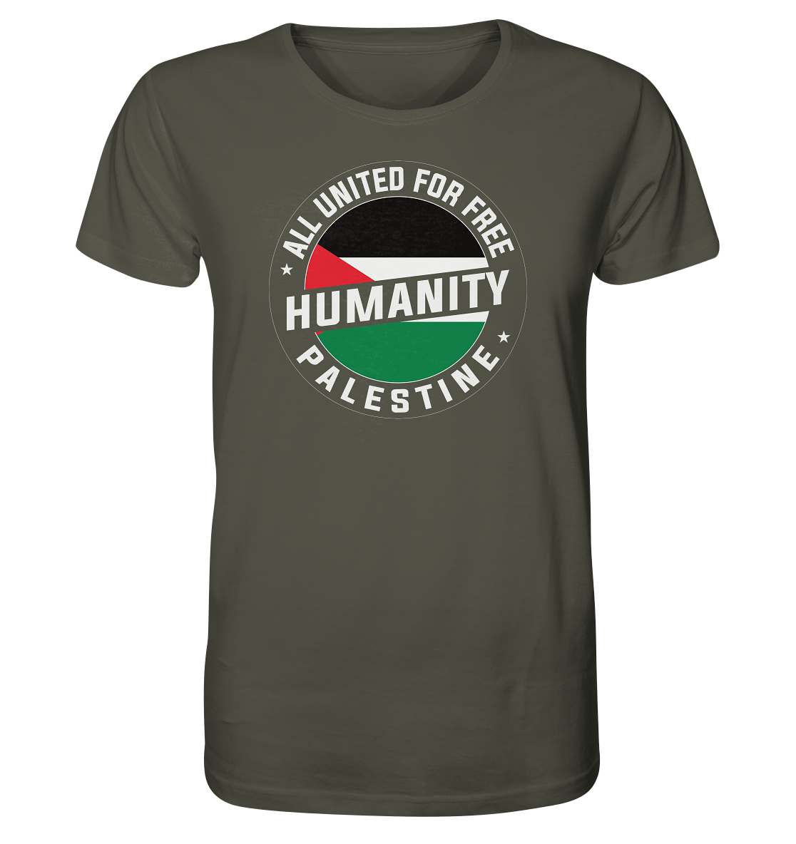 Humanity Palestine T-Shirt in Khaki für Herren mit Palästina Fahne in Siegelform und Free Palestine Schriftzug.