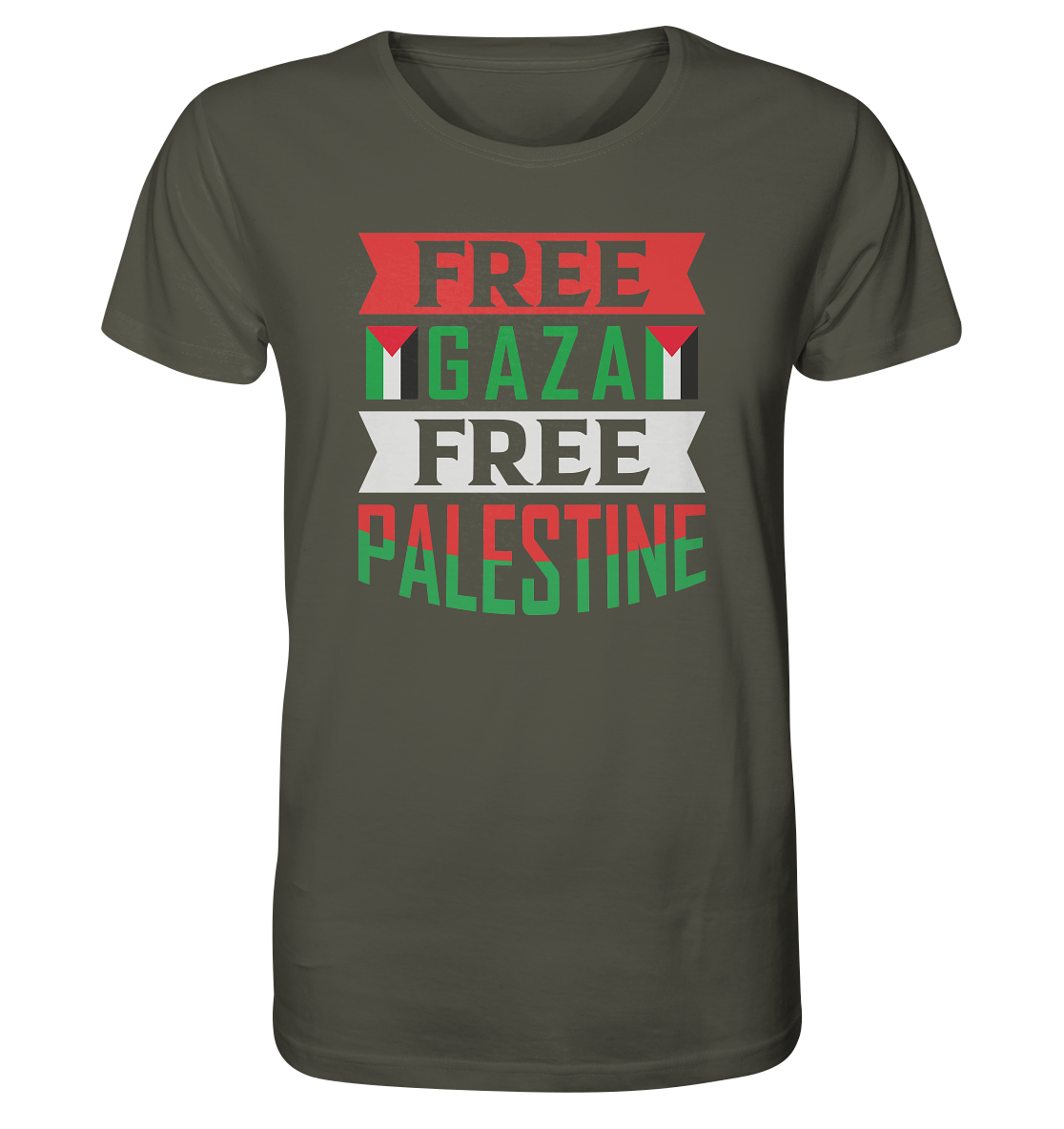 Herren Tshirt in Free Gaza und Free Palestine Schriftzug in Khaki