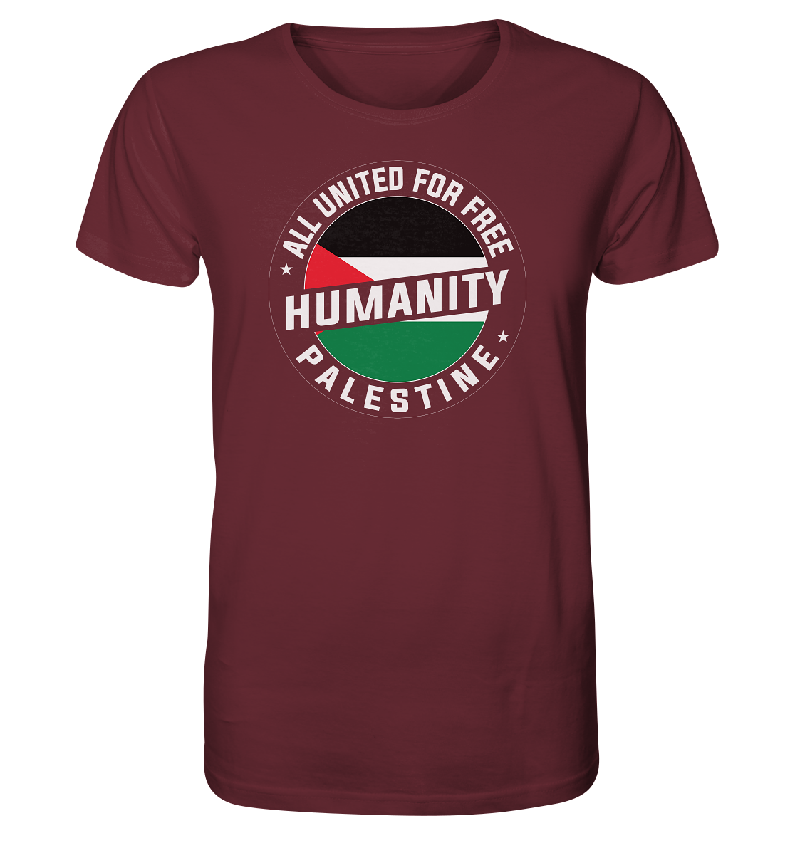 Herren T-Shirt für Herren in Burgundy mit gedruckter Palästina-Flagge und Free Palestine Text.