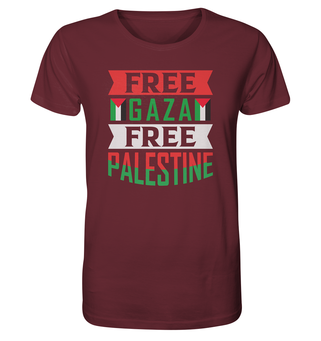Herren sport Tshirt mit Free Gaza und Free Palestine Schrift in Burgundy