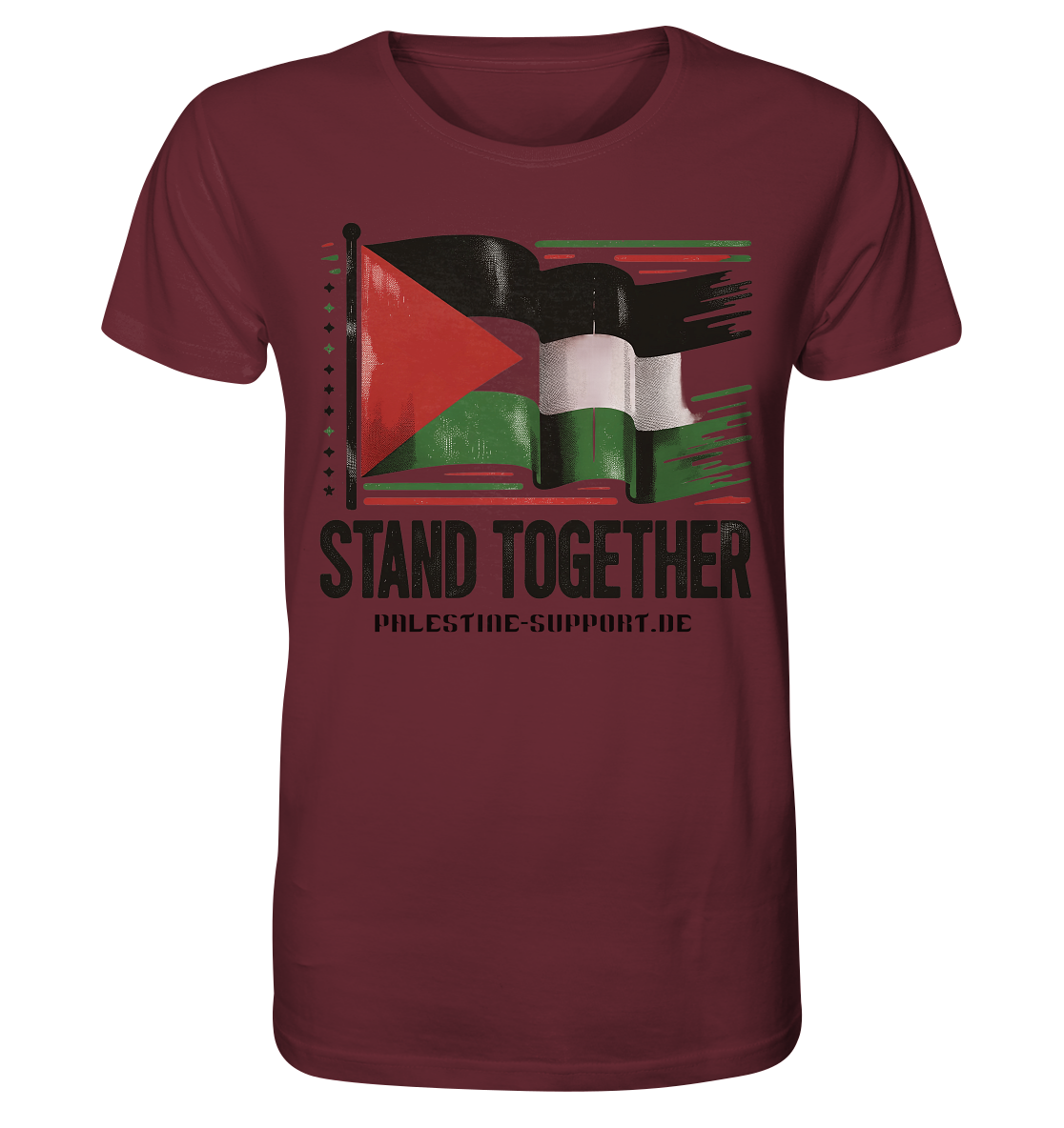Herren sport Tshirt mit Stand Together Schriftzug und 3D Palästina Fahne in Burgundy