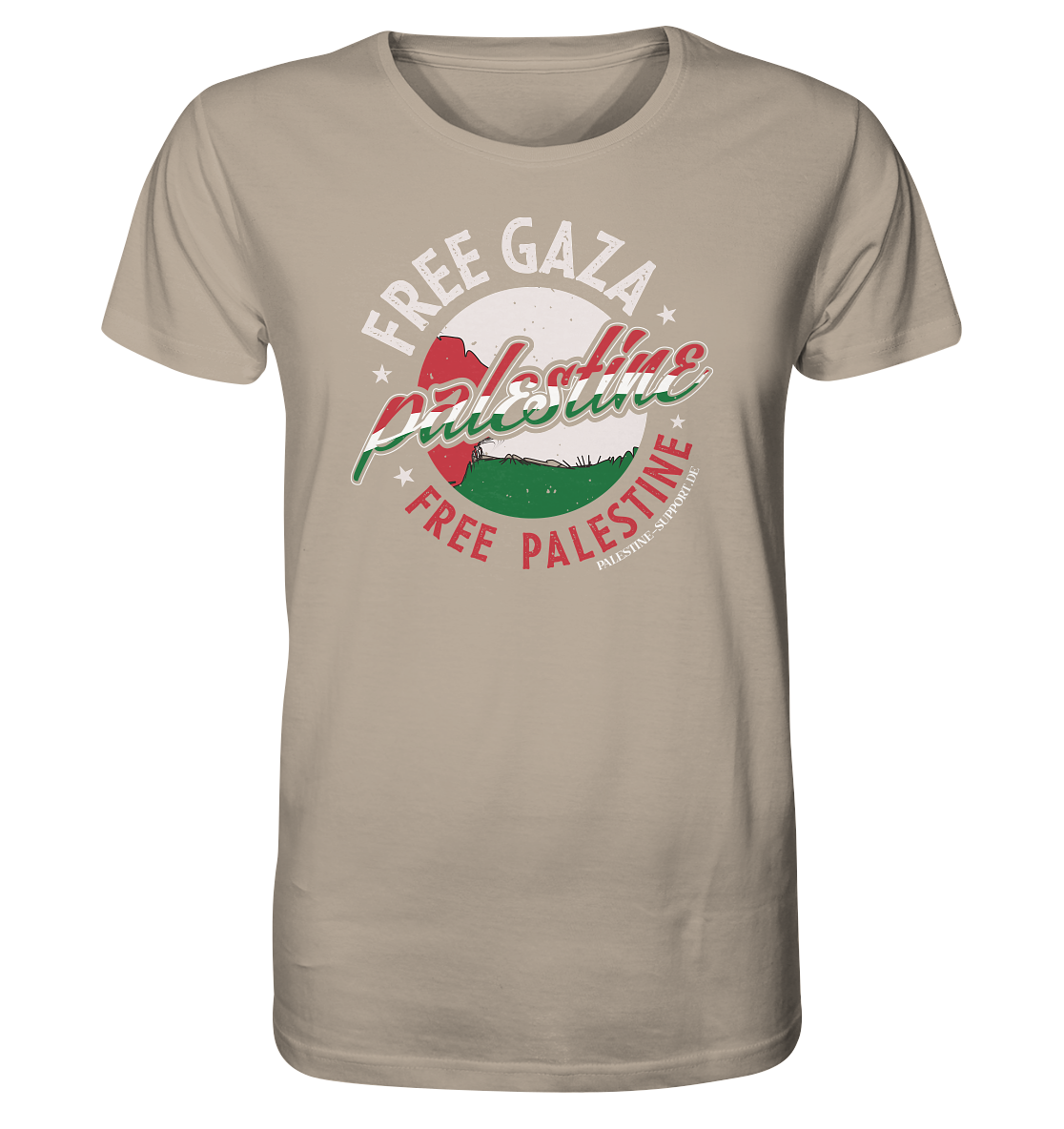 Herren Tshirt mit Free Gaza und Free Palestine Schriftzug im verwaschenen Design in Desert Dust