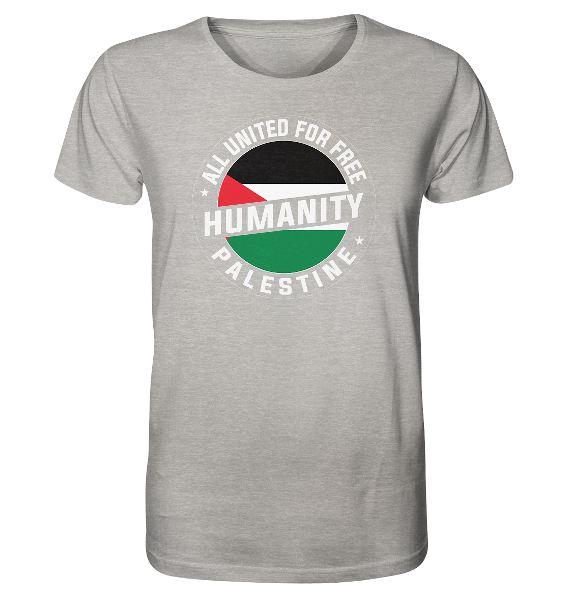 Heather Grey Herren Shirt mit Palästina-Flagge in Siegelform und Free Humanity Palestine Text.