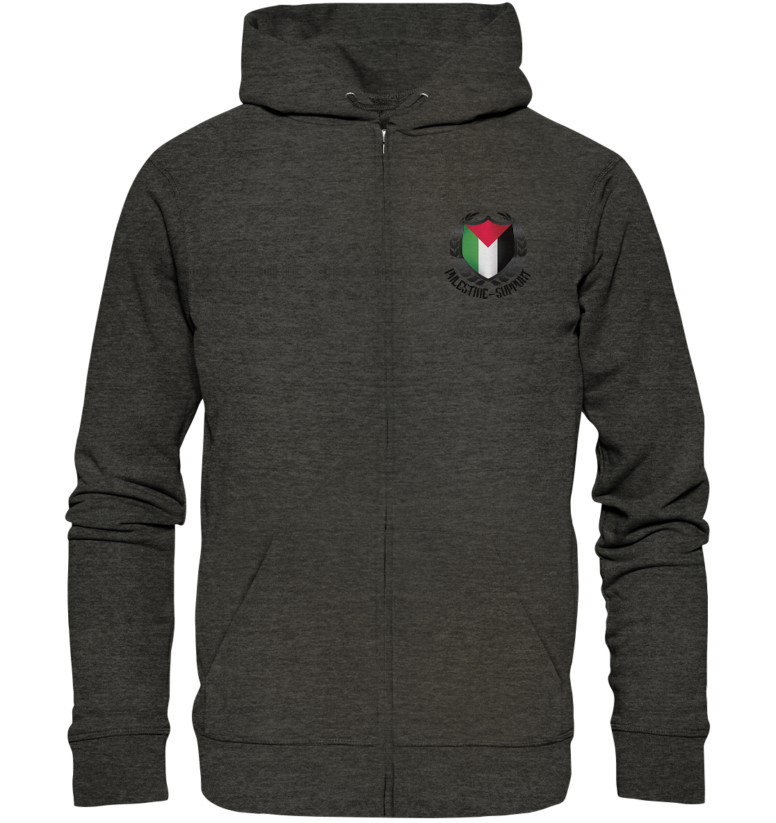 Zip-Hoodie mit dem Original palestine-support Wappen in Dark Heather Grey