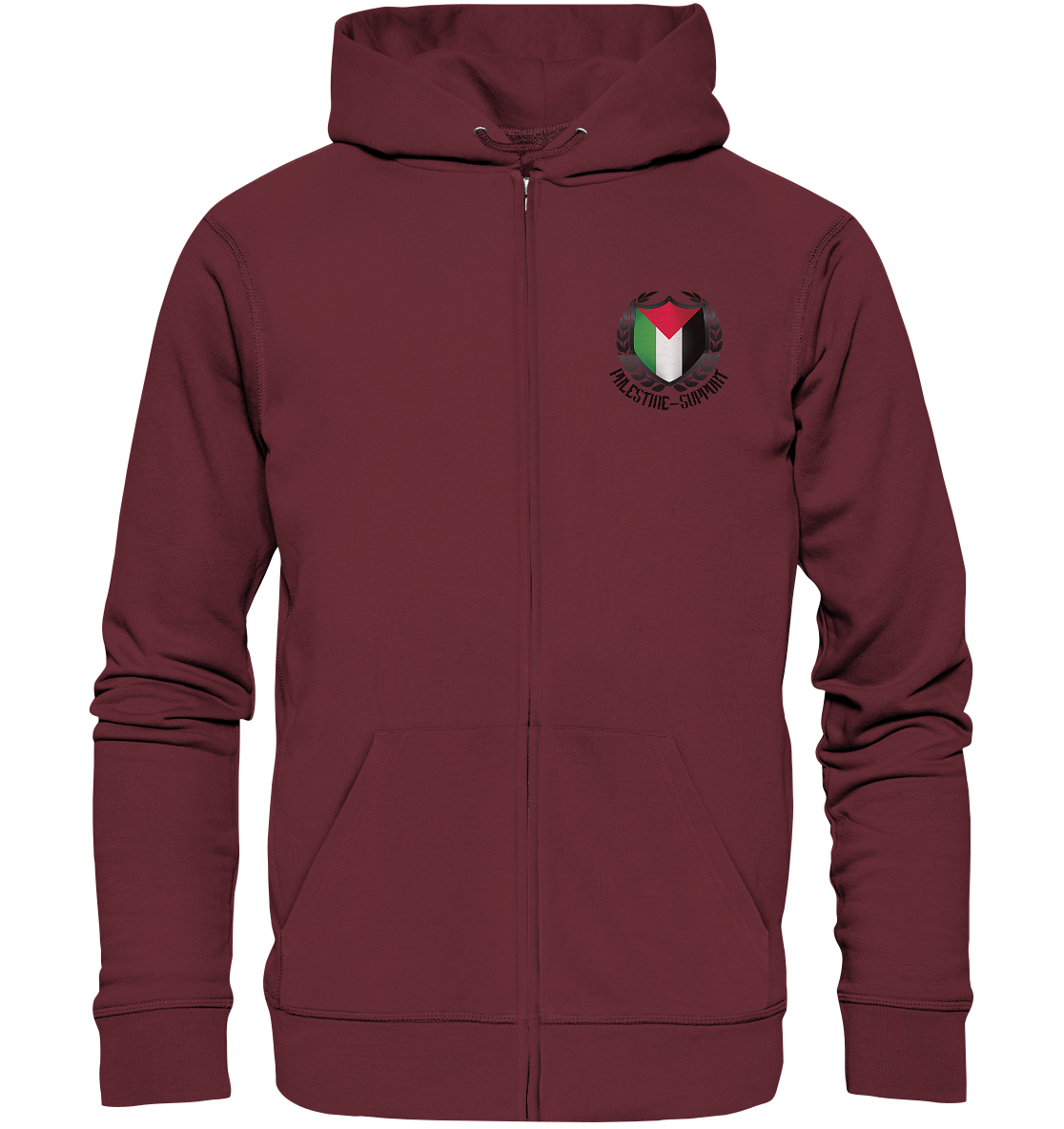 Burgundy Zip-Hoodie mit Palästina-Wappen und Aufschrift ‚Palestine Support‘ auf der Brust