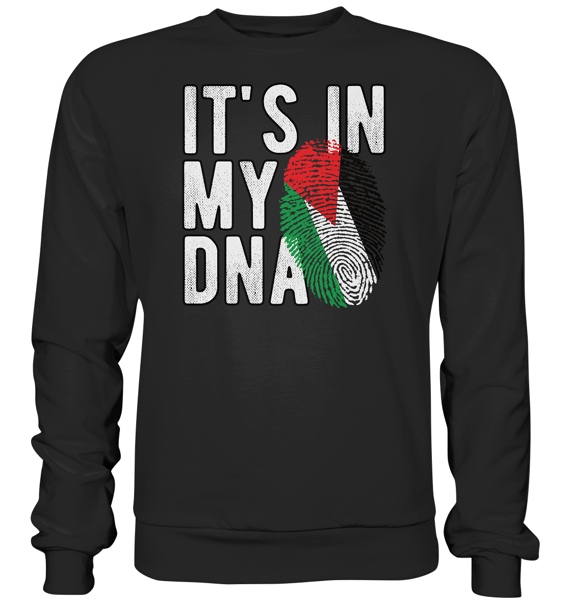 Pullover mit palästinensischem Fingerabdruck und der Botschaft ‚It's in my DNA‘ – ein Statement für Identität und Zusammenhalt in Black
