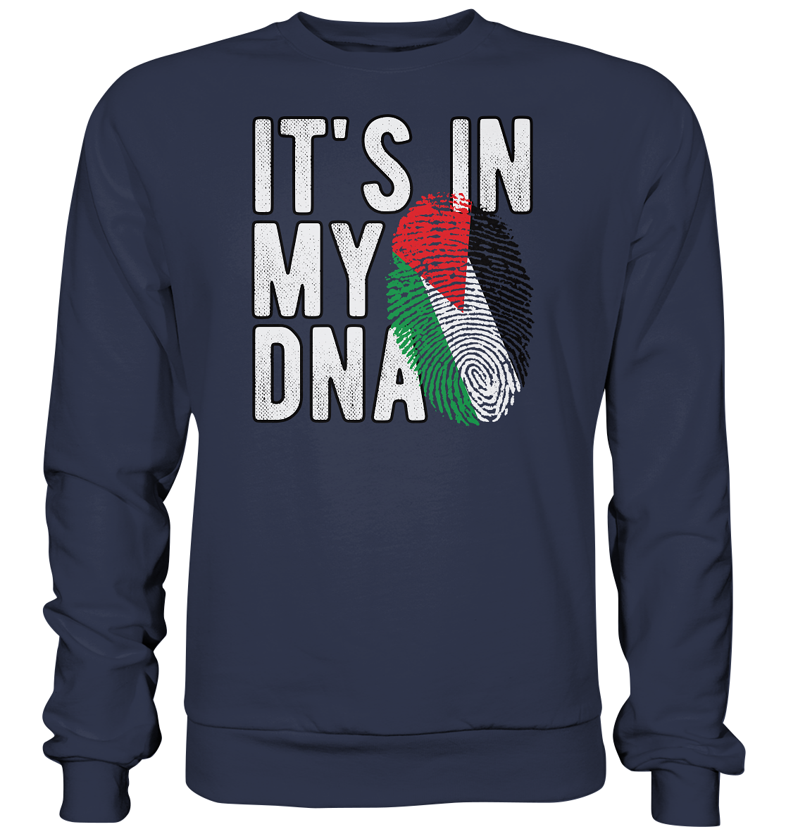 Statement-Pullover mit dem Text ‚It's in my DNA‘ und einem Fingerabdruck in Rot, Weiß, Schwarz und Grün als Symbol für die palästinensische Herkunft in Deep Navy.