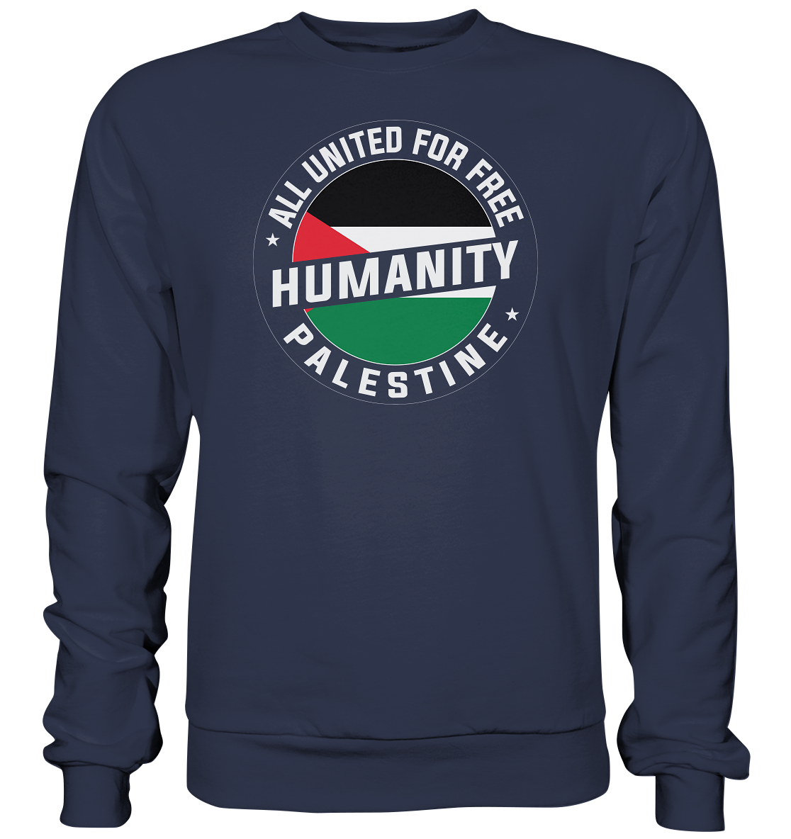 Stilvoller Unisex Pullover in Deep Navy mit Palästina-Symbol – setze ein Zeichen für Solidarität mit dem Siegel-Design.