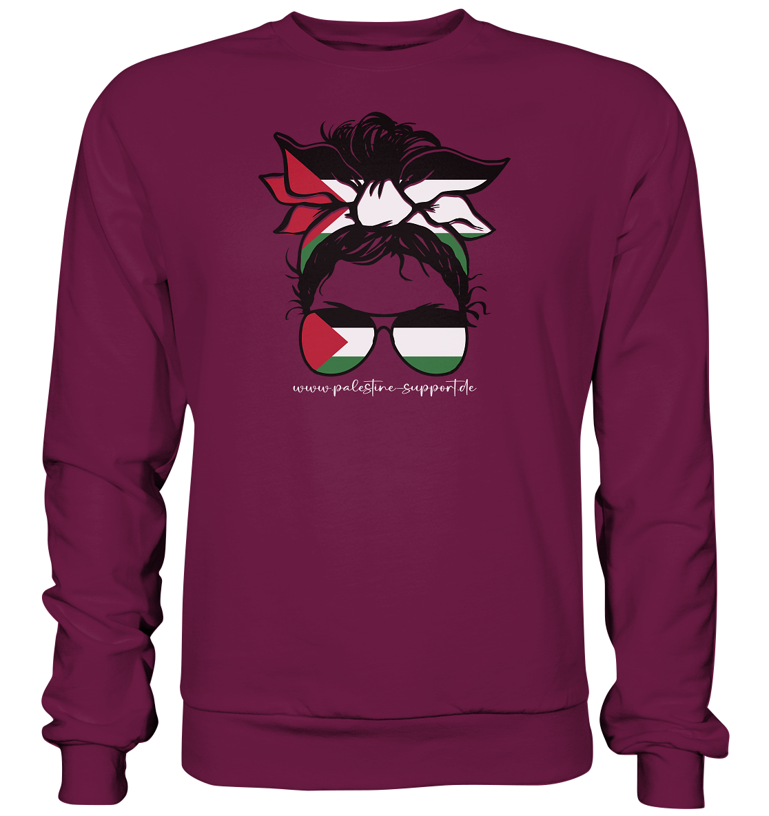 Premium Sweatshirt - palestine-support Schriftzug und Abbildung einer Frau in Palestine - Bandana Style in Burgund