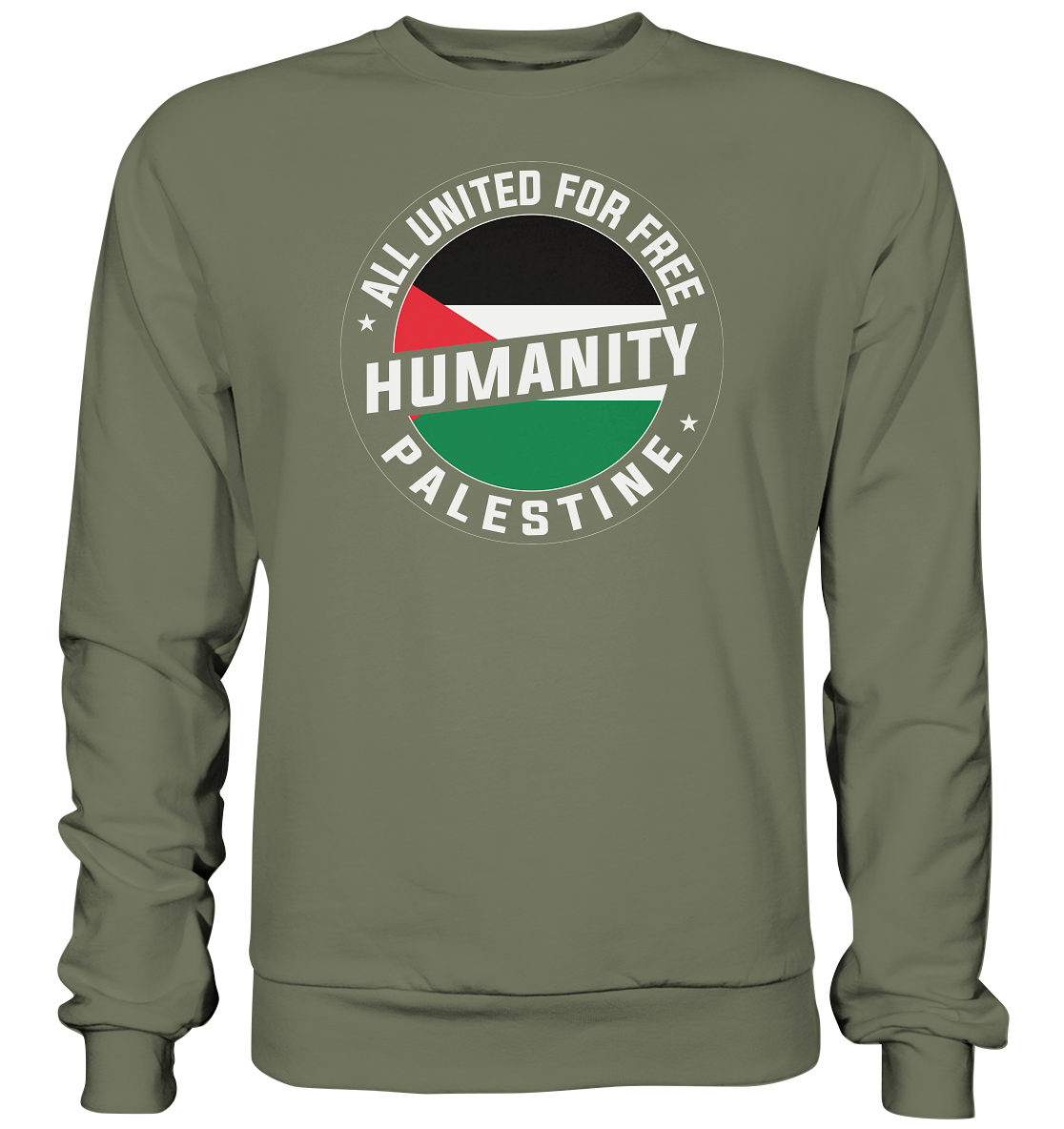 Unisex Pullover in Classic Olive mit Palästina-Flagge und Free Humanity Palestine Text.