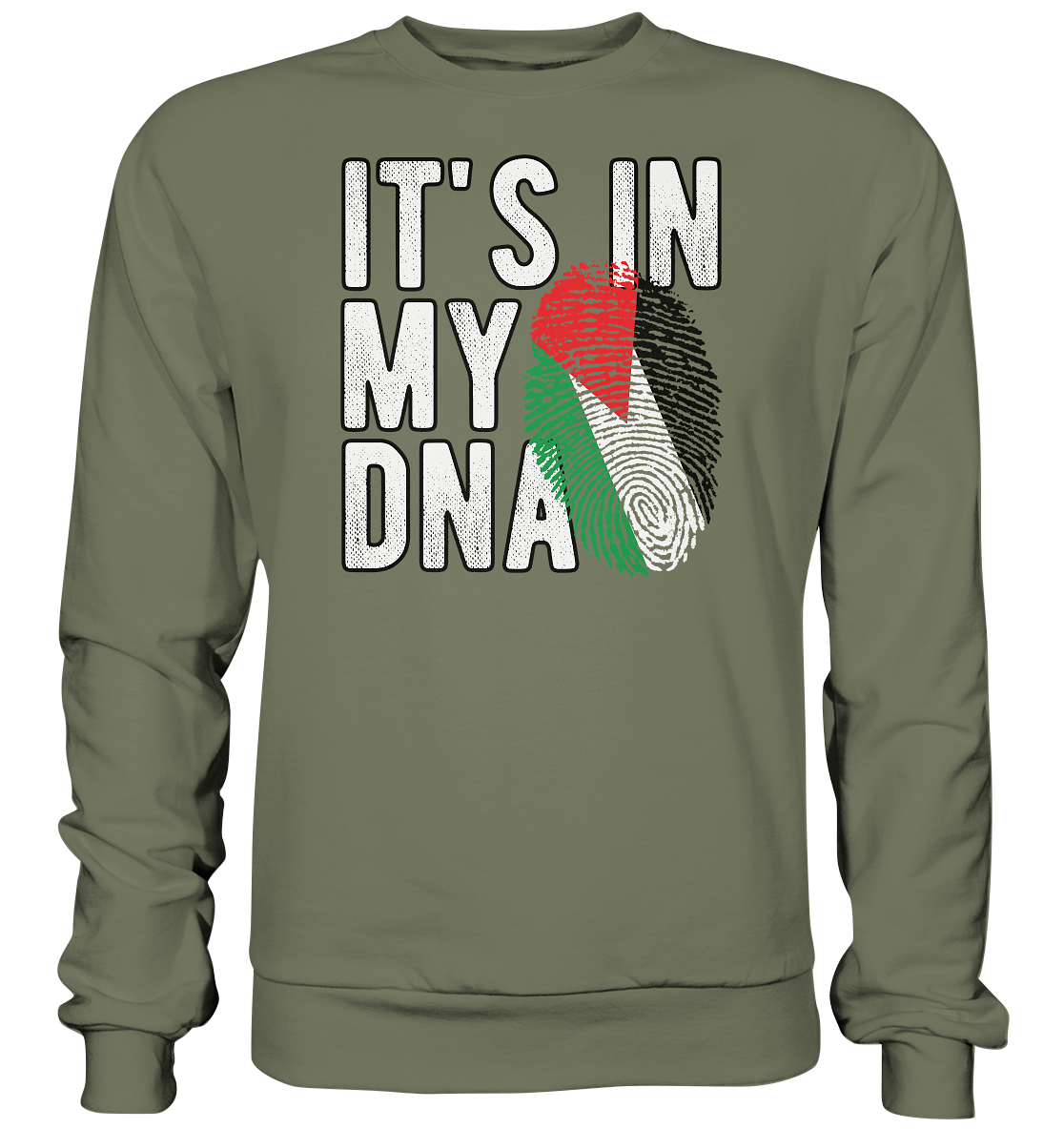Pullover mit dem Aufdruck ‚It's in my DNA‘ und Fingerabdruck in den Farben der palästinensischen Flaggein Classic Olive