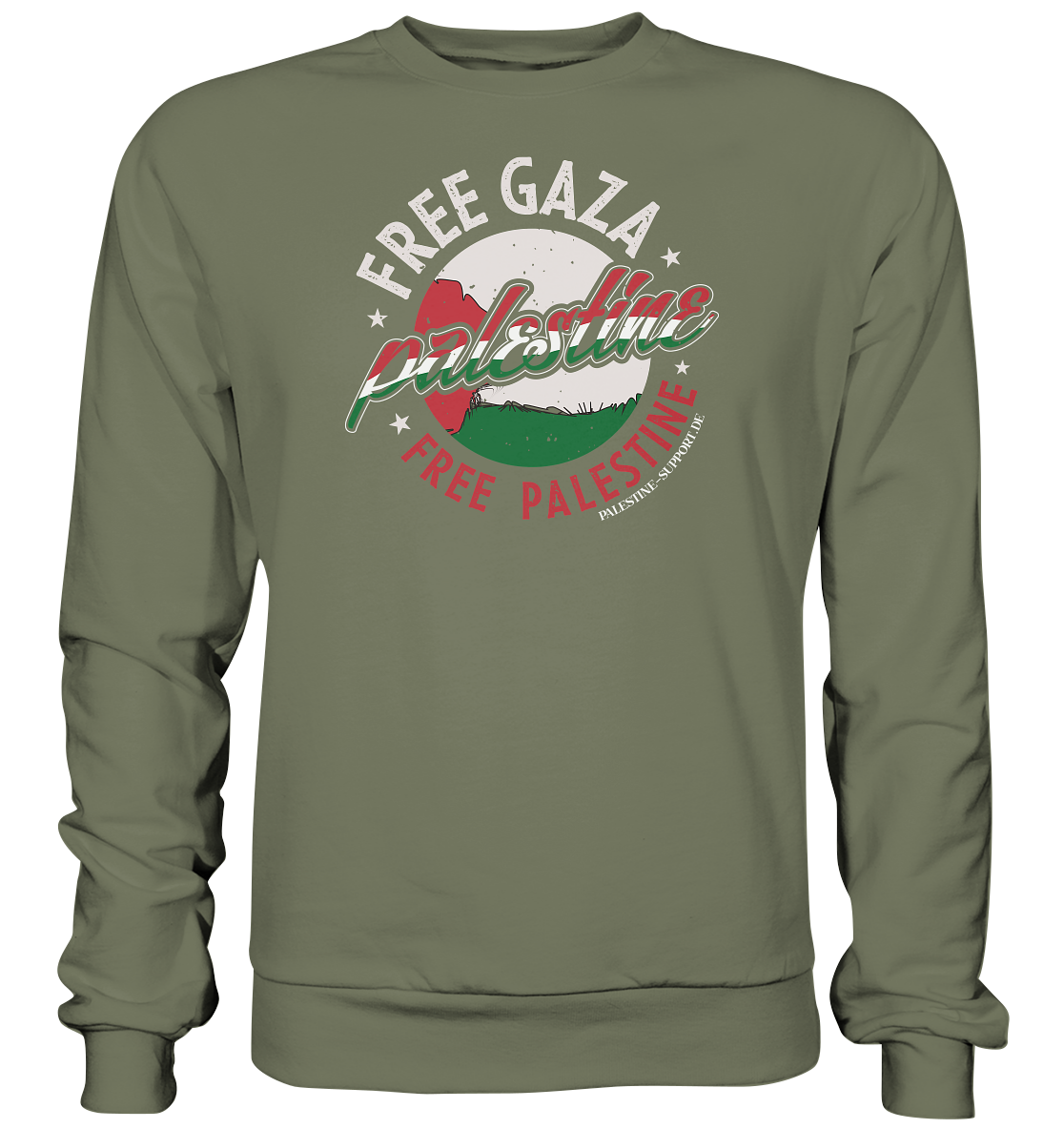 Unisex sportliches Sweatshirt mit Free Gaza Schriftzug und Elementen der Palästina Flagge in Classic Olive