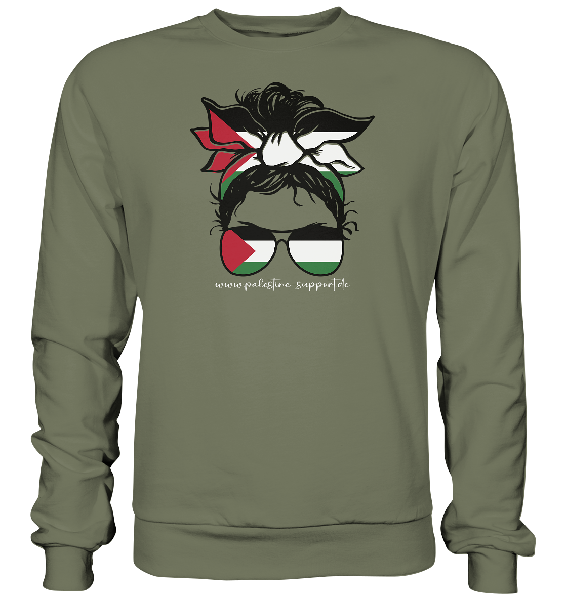 Premium Sweatshirt - palestine-support Schriftzug und Abbildung einer Frau in Palestine - Bandana Style in Classic Olive