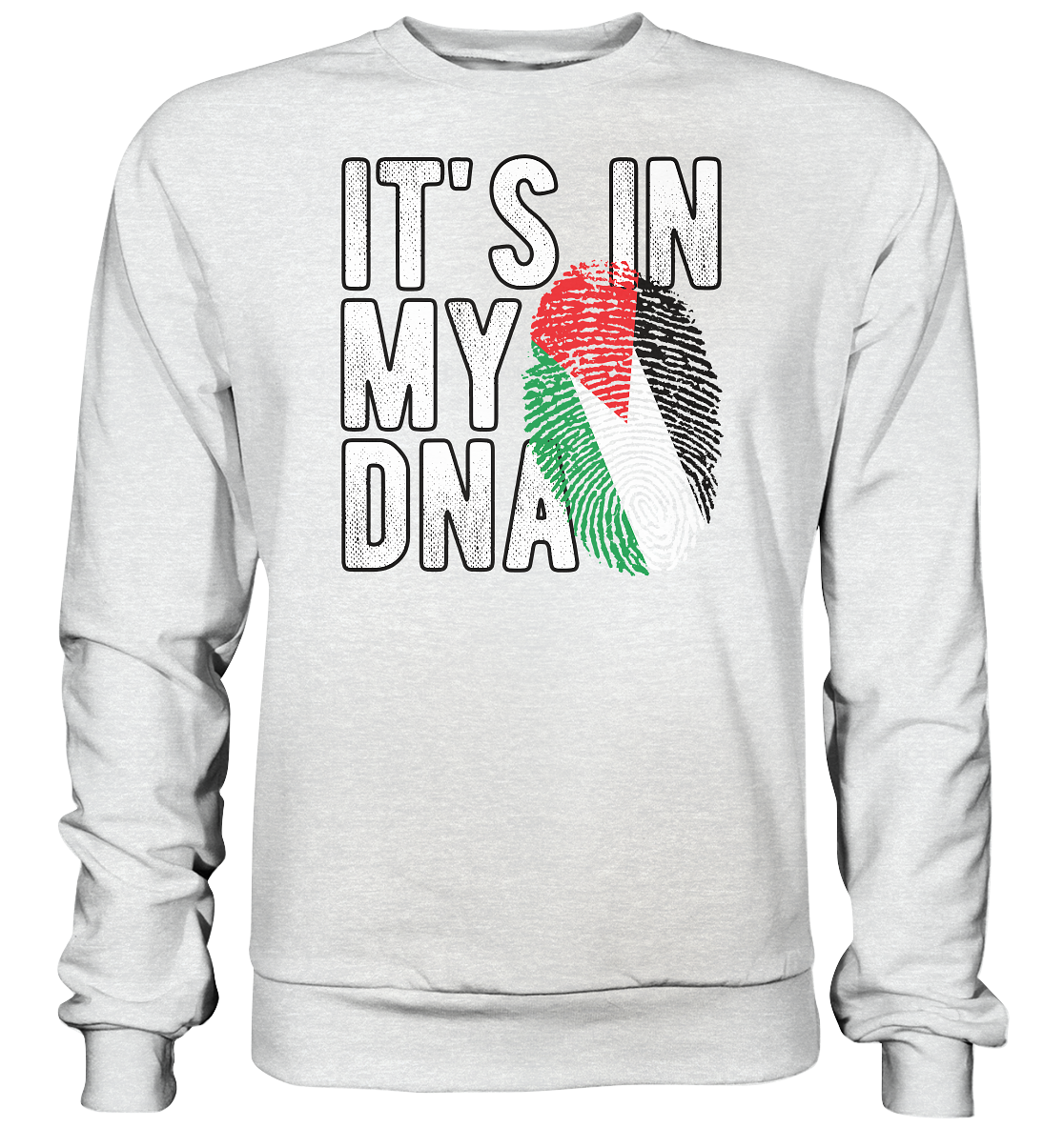 Palästina Pullover mit DNA-Spruch – Weißes Unisex Sweater mit Fingerabdruck in Palästina-Farben