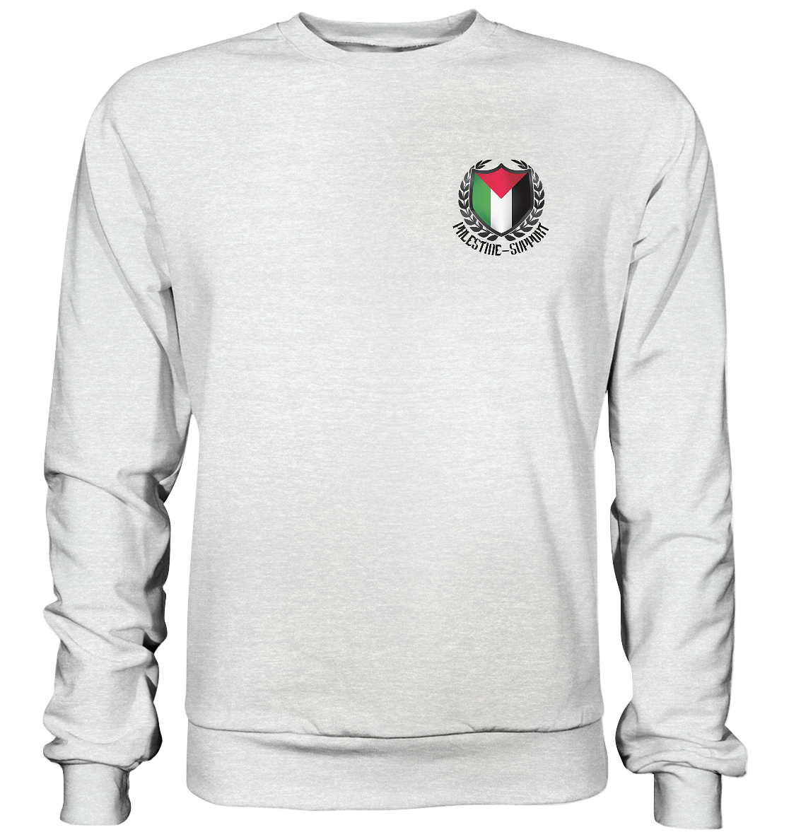 Unisex Sweatshirt mit Palästina-Wappen und Aufschrift ‚Palestine Support‘ auf der Brust in Heather Grey (meliert)