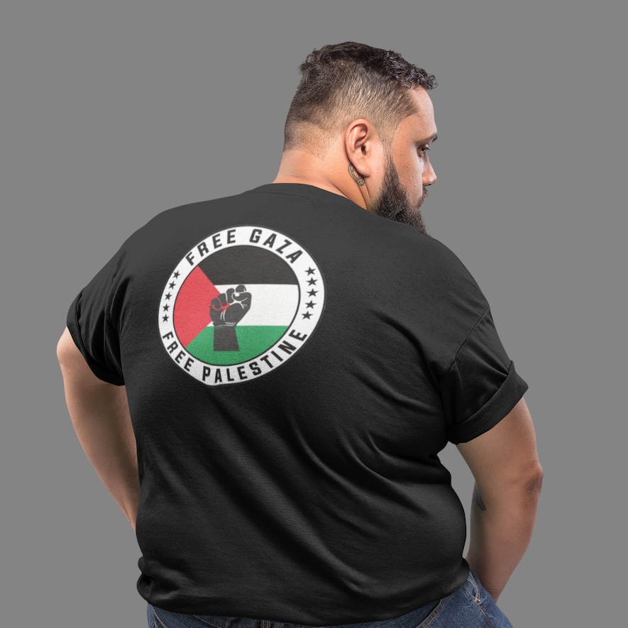Schwarzes Palestine-Support-T-Shirt mit starkem Symbol: palästinensische Flagge, Widerstandsfist und Slogan „Free Gaza – Free Palestine