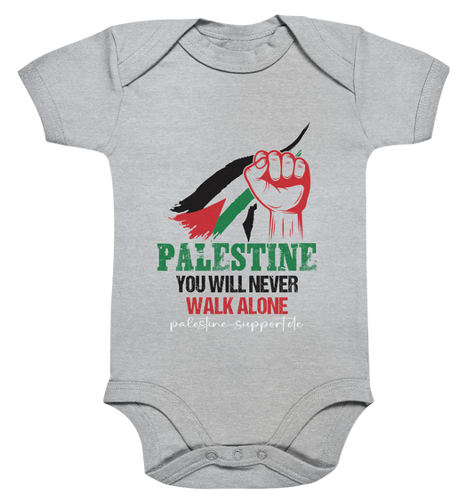 Baby-Body mit Palästina-Faust und Flagge – You Will Never Walk Alone Design auf Heather Grey
